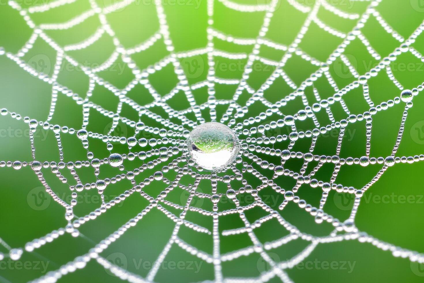 Morning dew glistens on a spider web under soft sunlight creating a delicate glow in the early hours photo