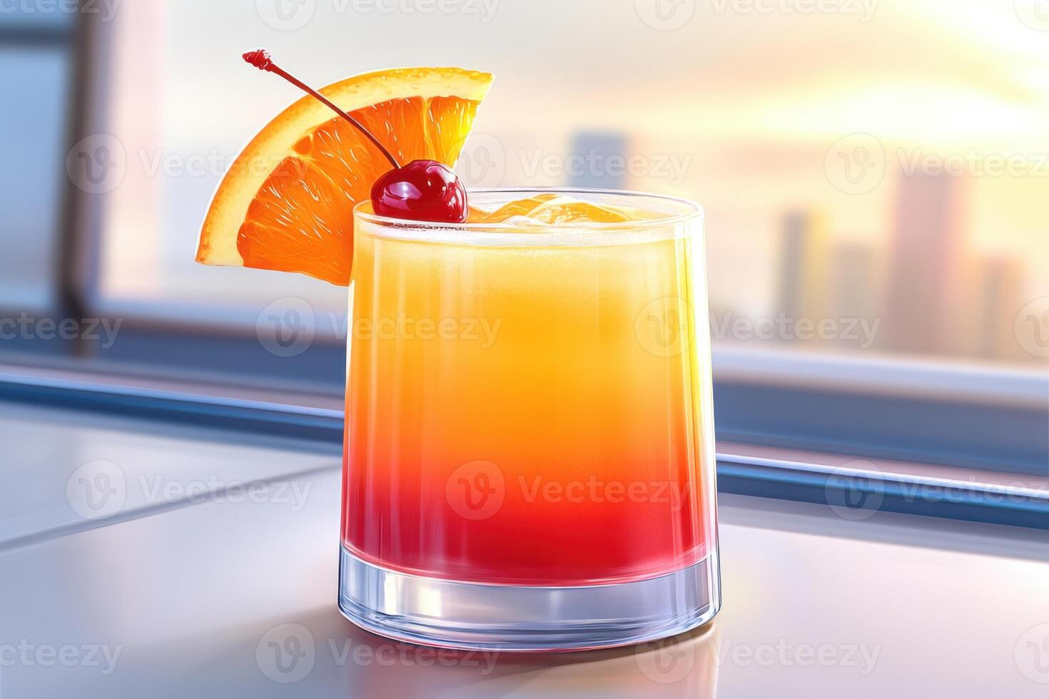 Vibrant tequila sunrise cocktail with rich orange and red layers garnished with cherry and orange slice against a modern backdrop at sunset photo