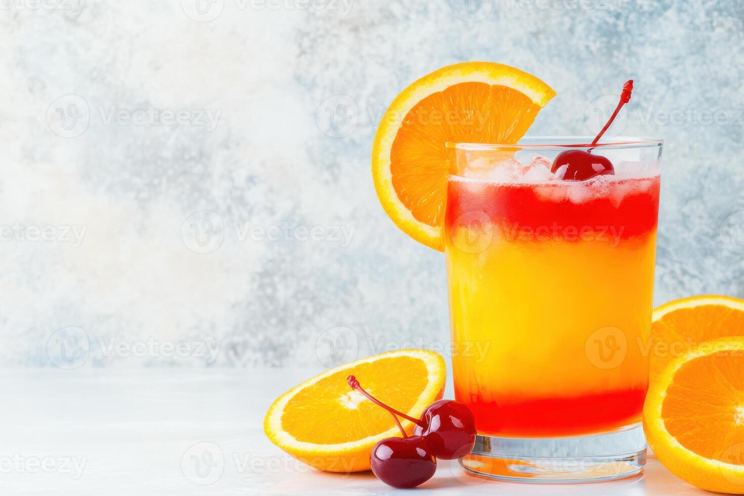 Vibrant tequila sunrise cocktail with layers of orange and red garnished with cherry and orange slice against a modern backdrop photo