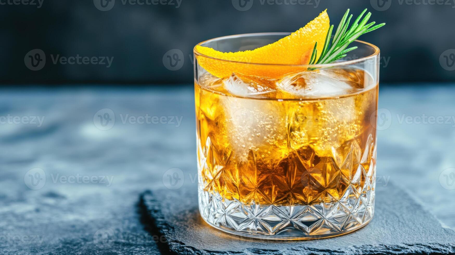 Crafted tequila old-fashioned cocktail served in a rocks glass with orange peel and rosemary for a luxurious dining experience photo