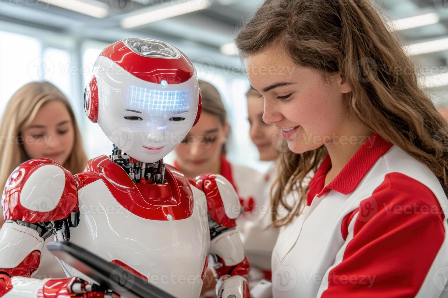 Group of students collaboratively assembling a robot in a STEM lab with AI-driven tools providing guidance on a tablet photo