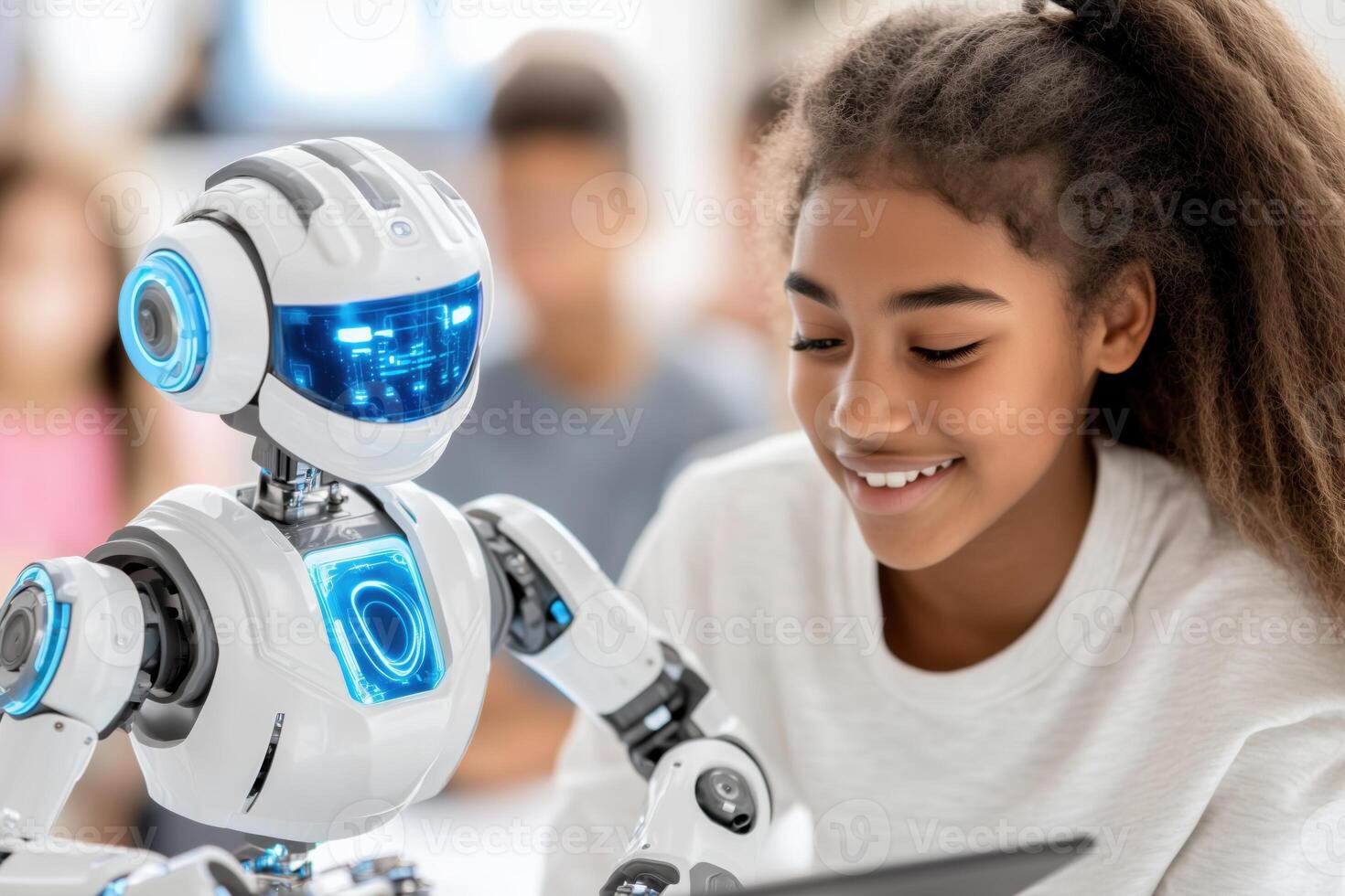 Students collaborate in a STEM lab to build a robot using AI guidance from a tablet for step-by-step instructions photo