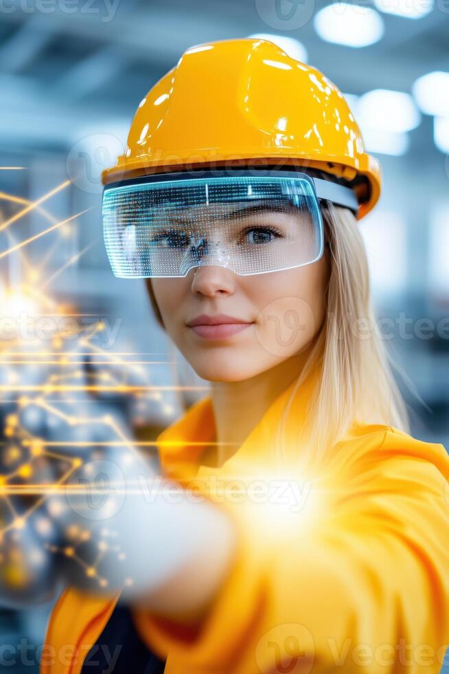 Worker utilizes augmented reality glasses for machine diagnostics and robotic arm adjustments on the factory floor photo