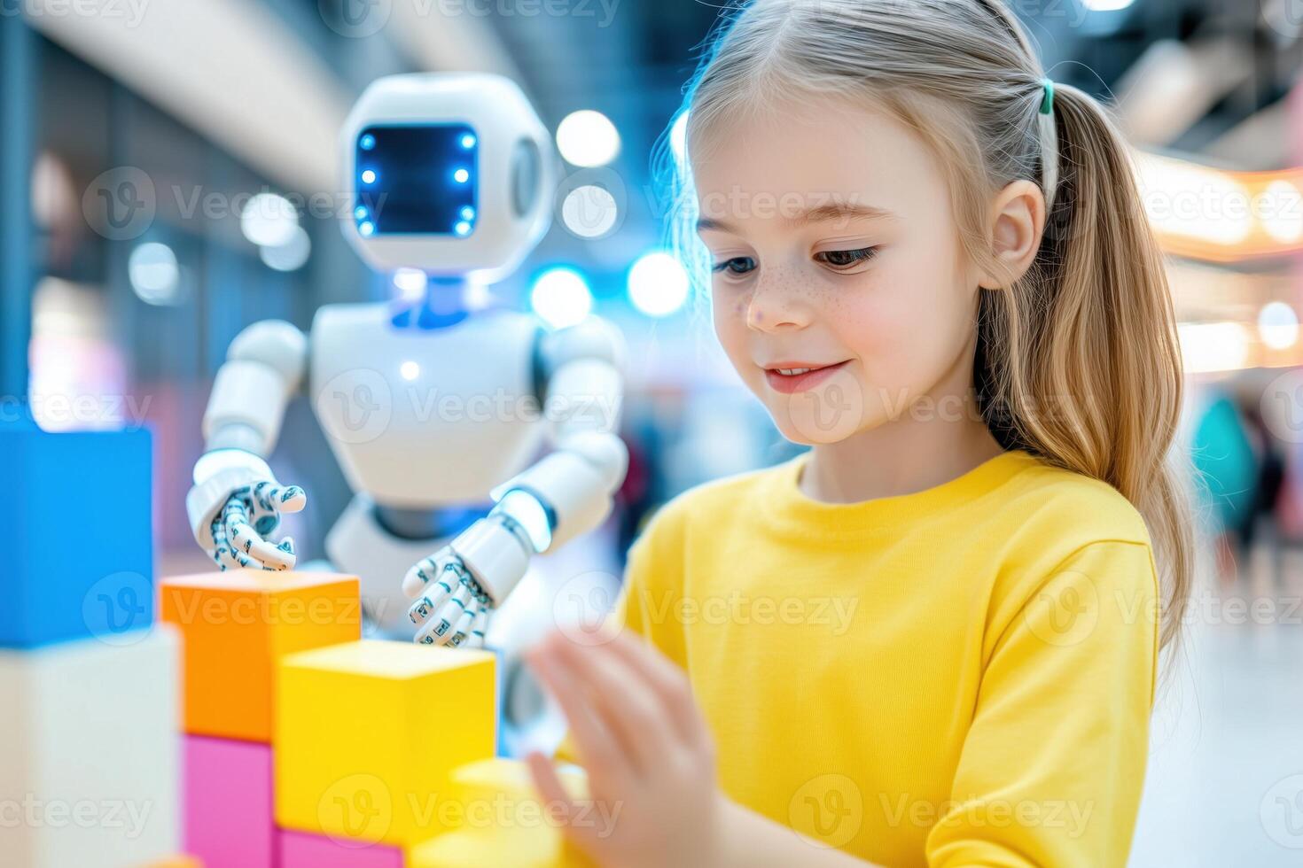 Child builds colorful structure with the help of a friendly robot in a bright play area that encourages creativity and learning photo
