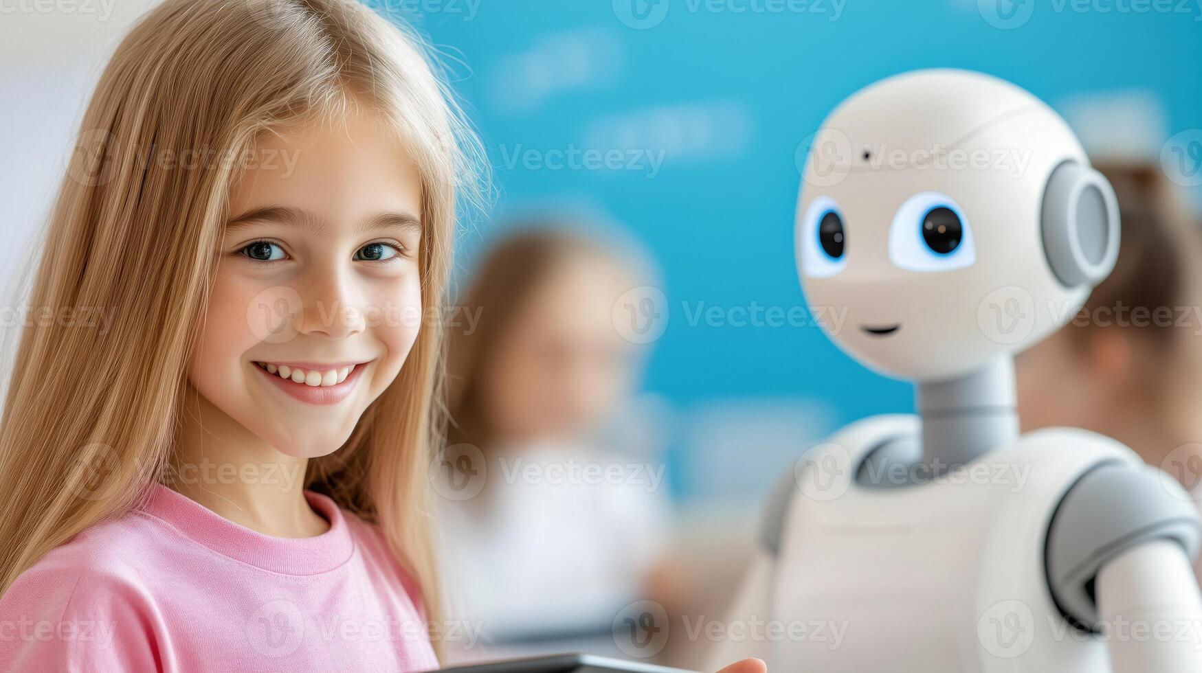 Students engage with a robot assistant in a modern classroom setting using tablets for AI-guided learning activities photo