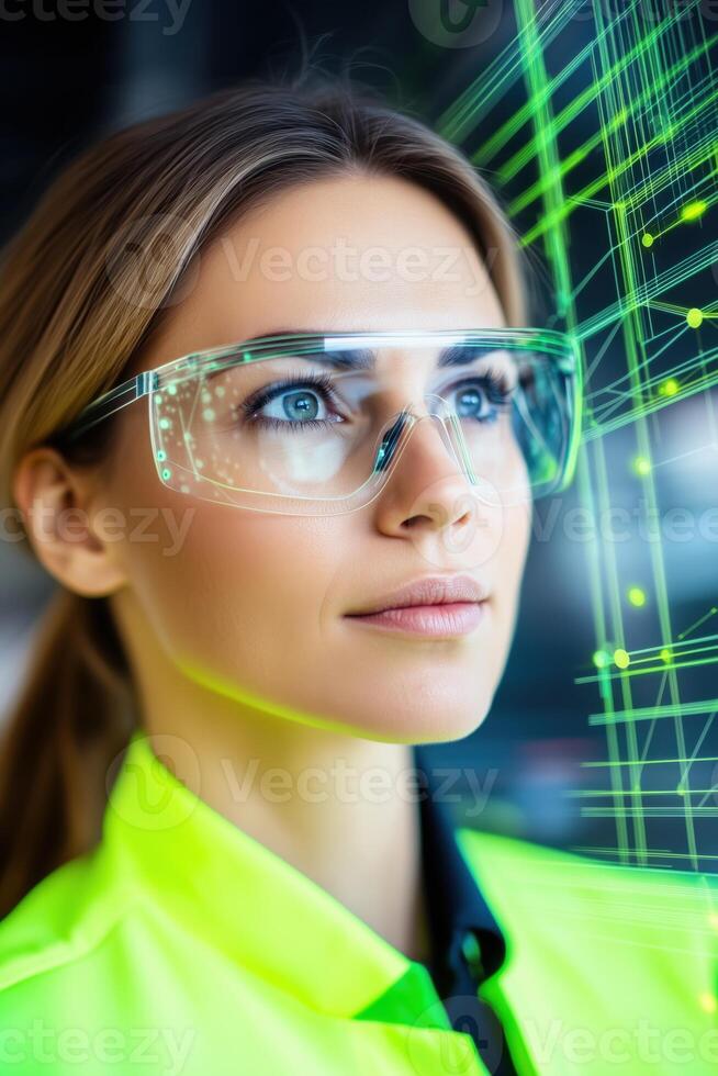 Factory worker utilizes augmented reality glasses to interact with AI-driven holographic overlays for machine diagnostics and performance metrics photo