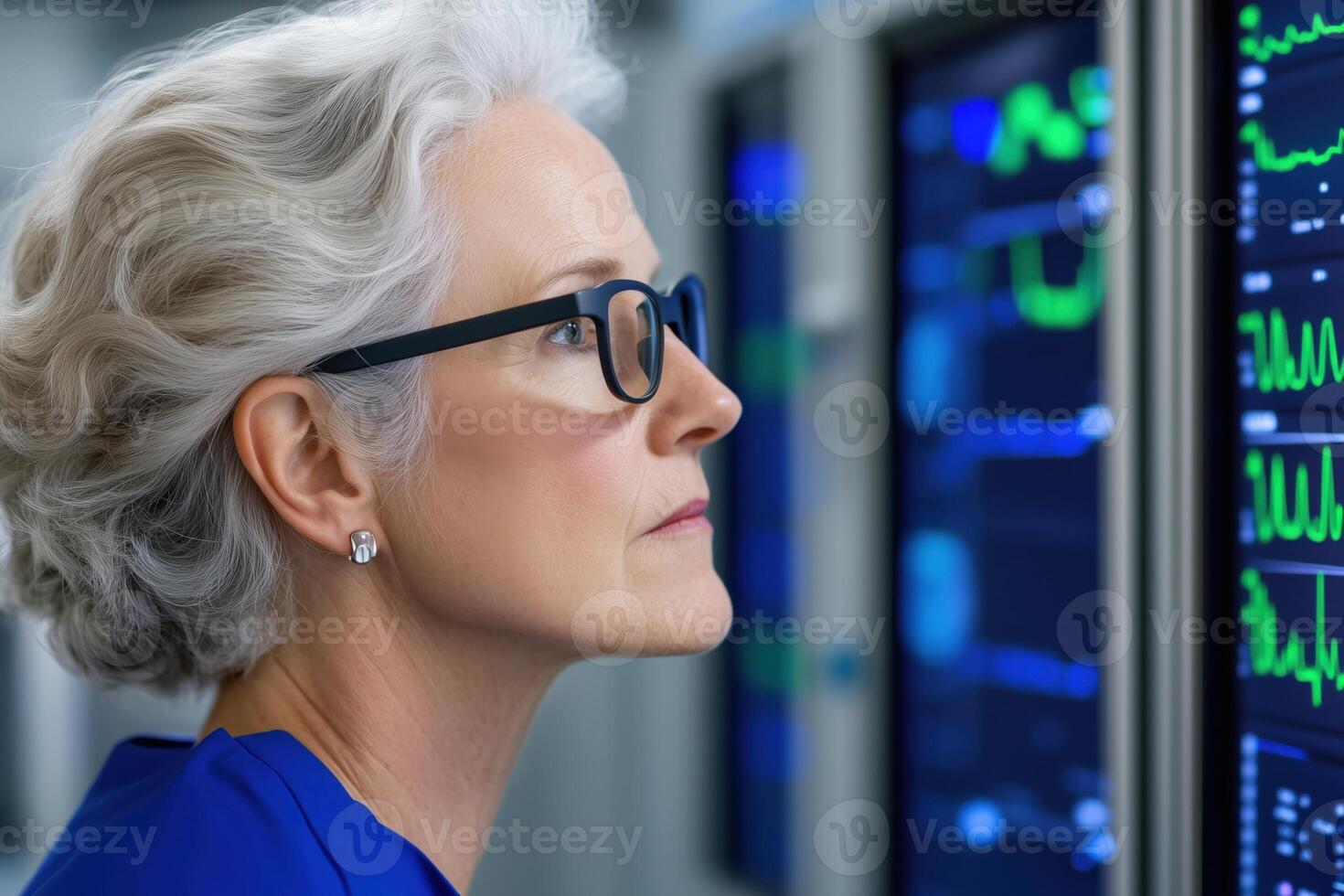 Nurse monitors elderly patient s health data remotely on a digital dashboard, ensuring timely medical attention and care from a distance photo