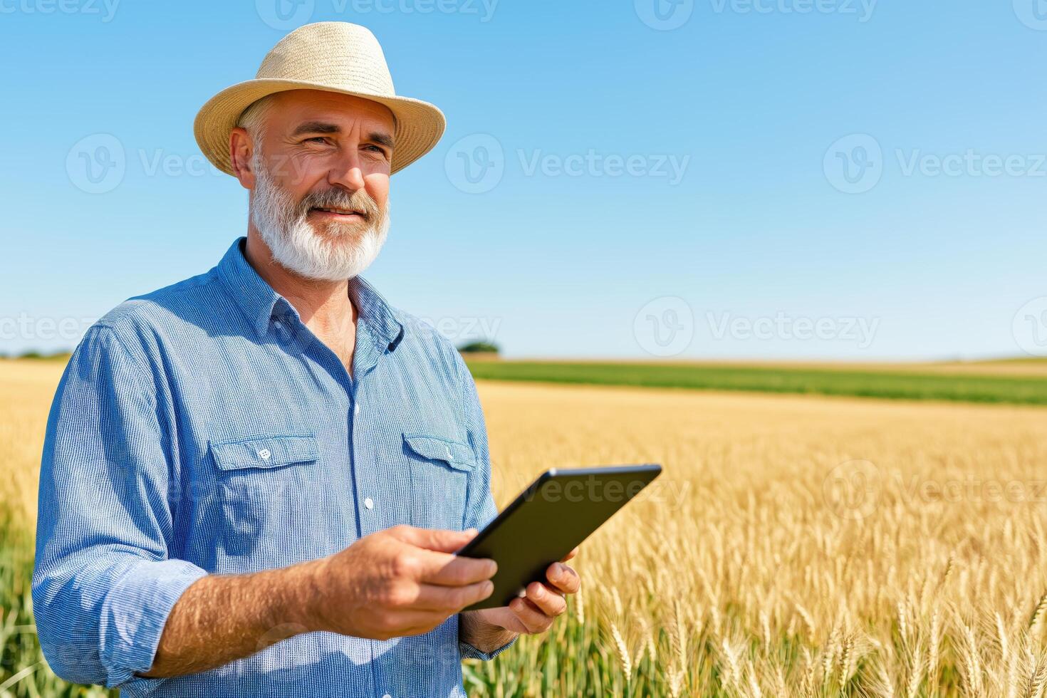 Farmer utilizes drone technology to monitor wheat crop health in vast field during sunny day photo