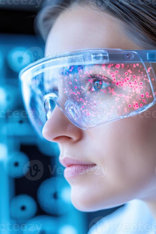 Medical researcher utilizes augmented reality glasses to study AI-enhanced models of cancer cells with detailed holographic overlays of mutation patterns photo