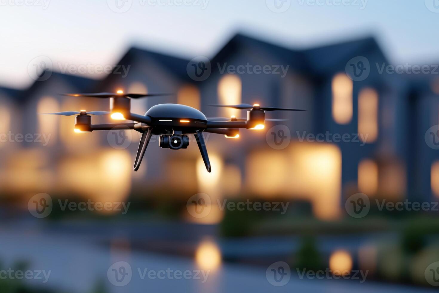 Security drone patrols a modern house at dusk, capturing surveillance while illuminated by soft exterior lights photo