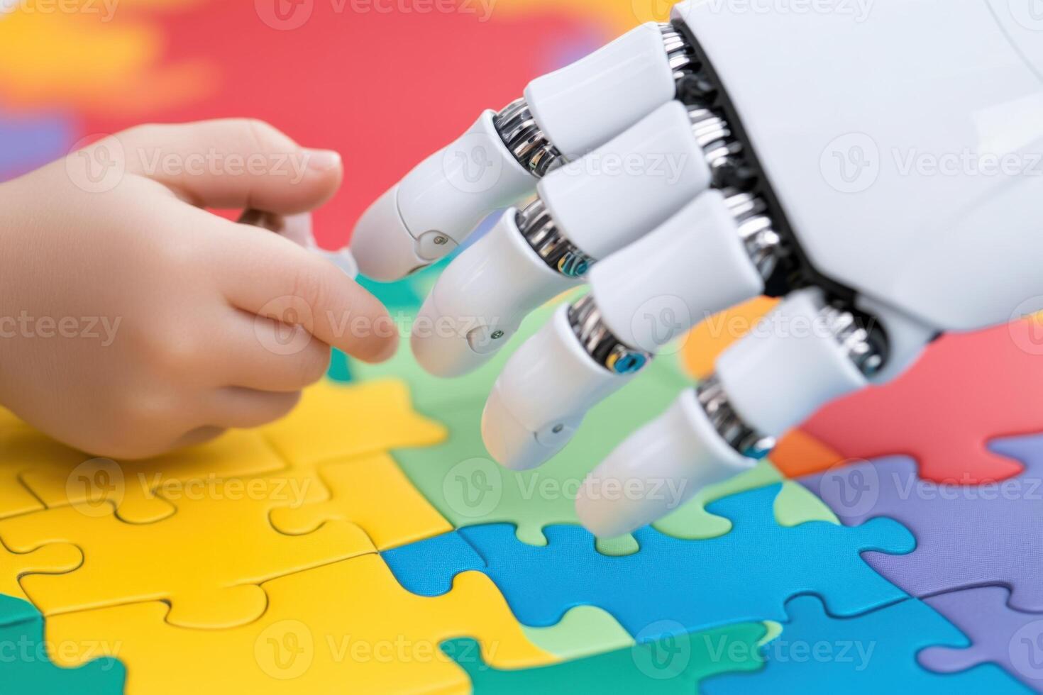Child collaborates with robotic assistant to solve a colorful puzzle on a playful mat while learning and having fun together photo
