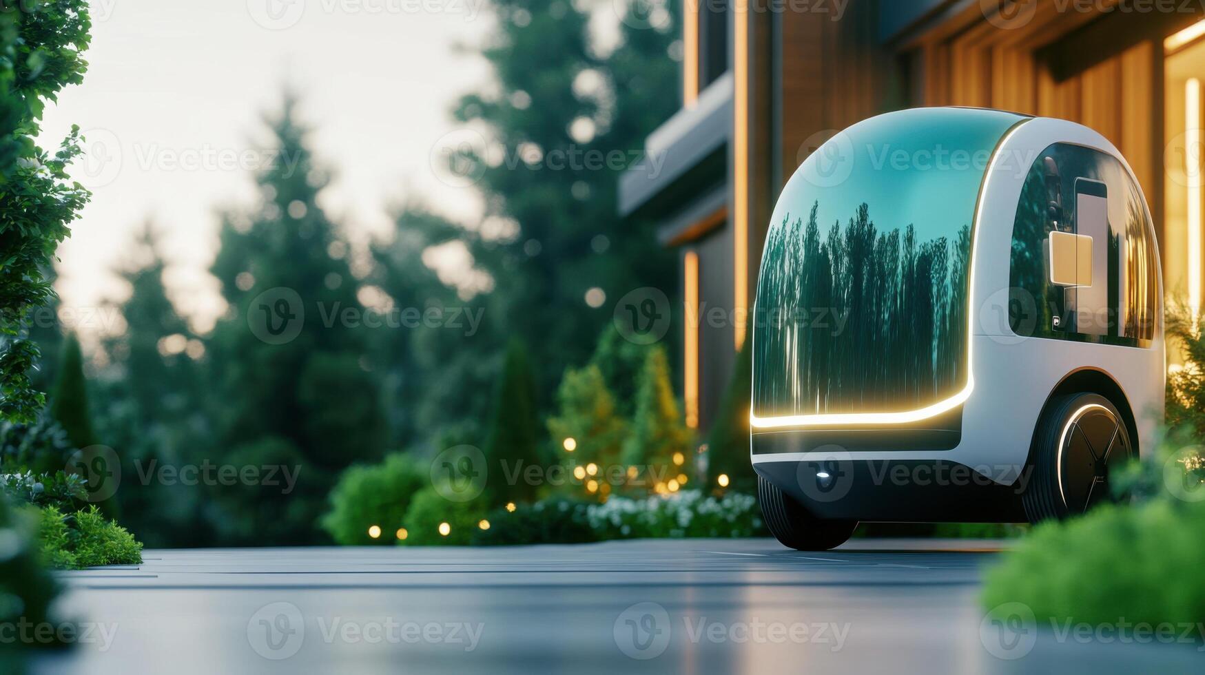 Robotic delivery cart leaves package at modern homes doorstep while homeowner receives notification on phone photo