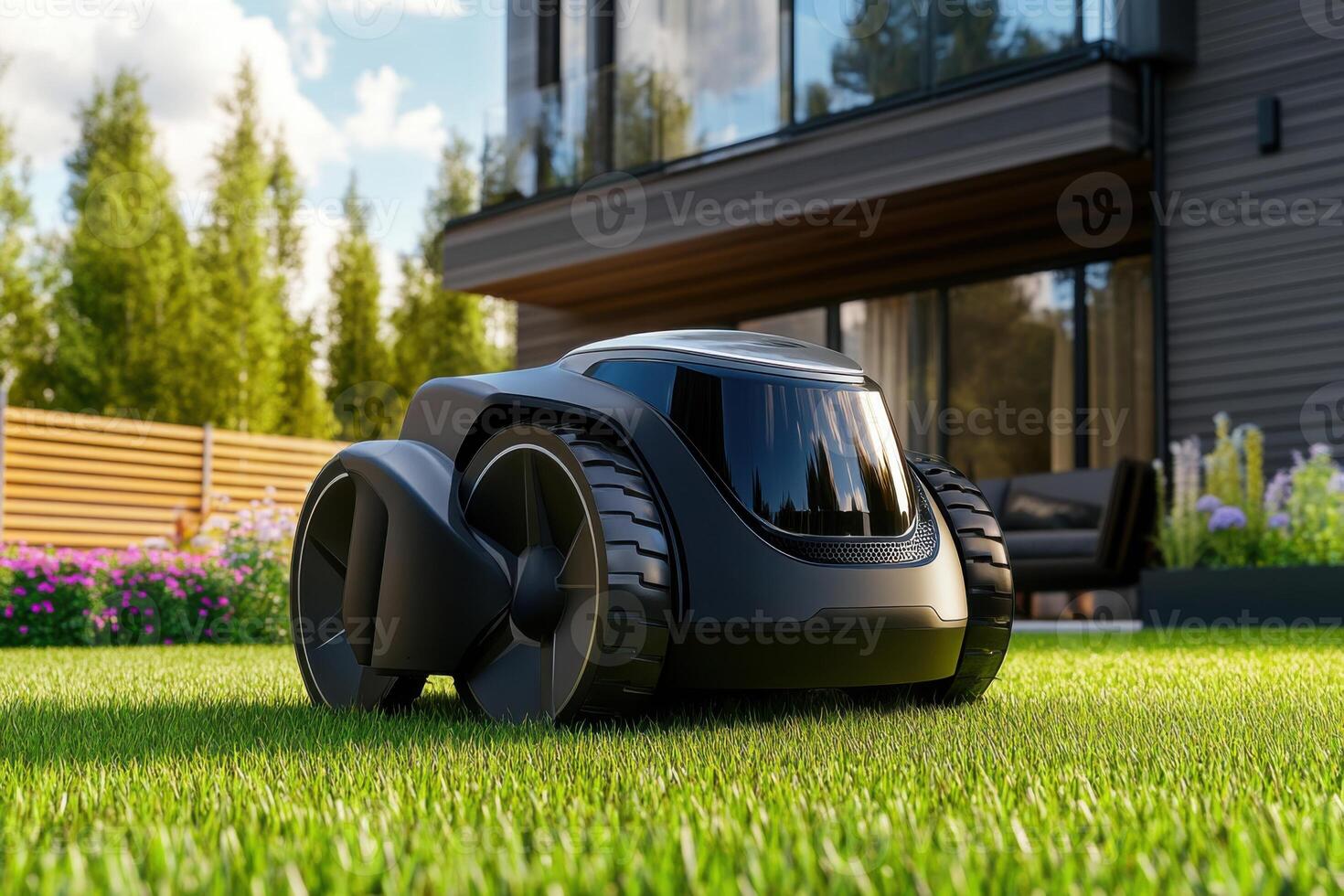 Innovative AI-powered robot lawn mower operates quietly in a modern residential garden surrounded by lush greenery and vibrant flowers during daylight hours photo