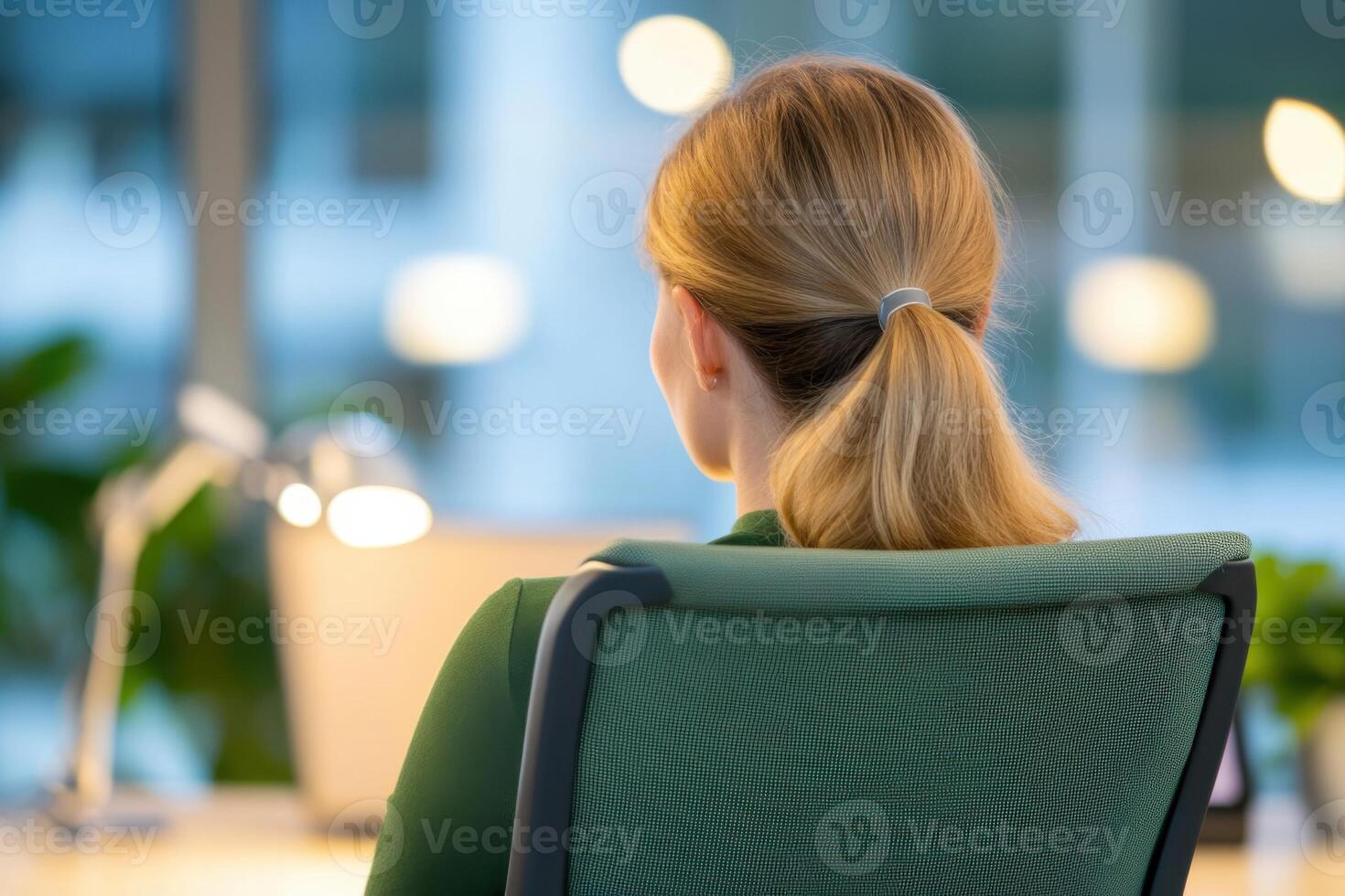 Woman communicates with a smart assistant to control home office lighting and manage connected devices photo