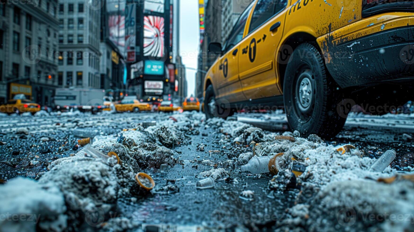 A yellow cab drives through a snowy street in the city photo