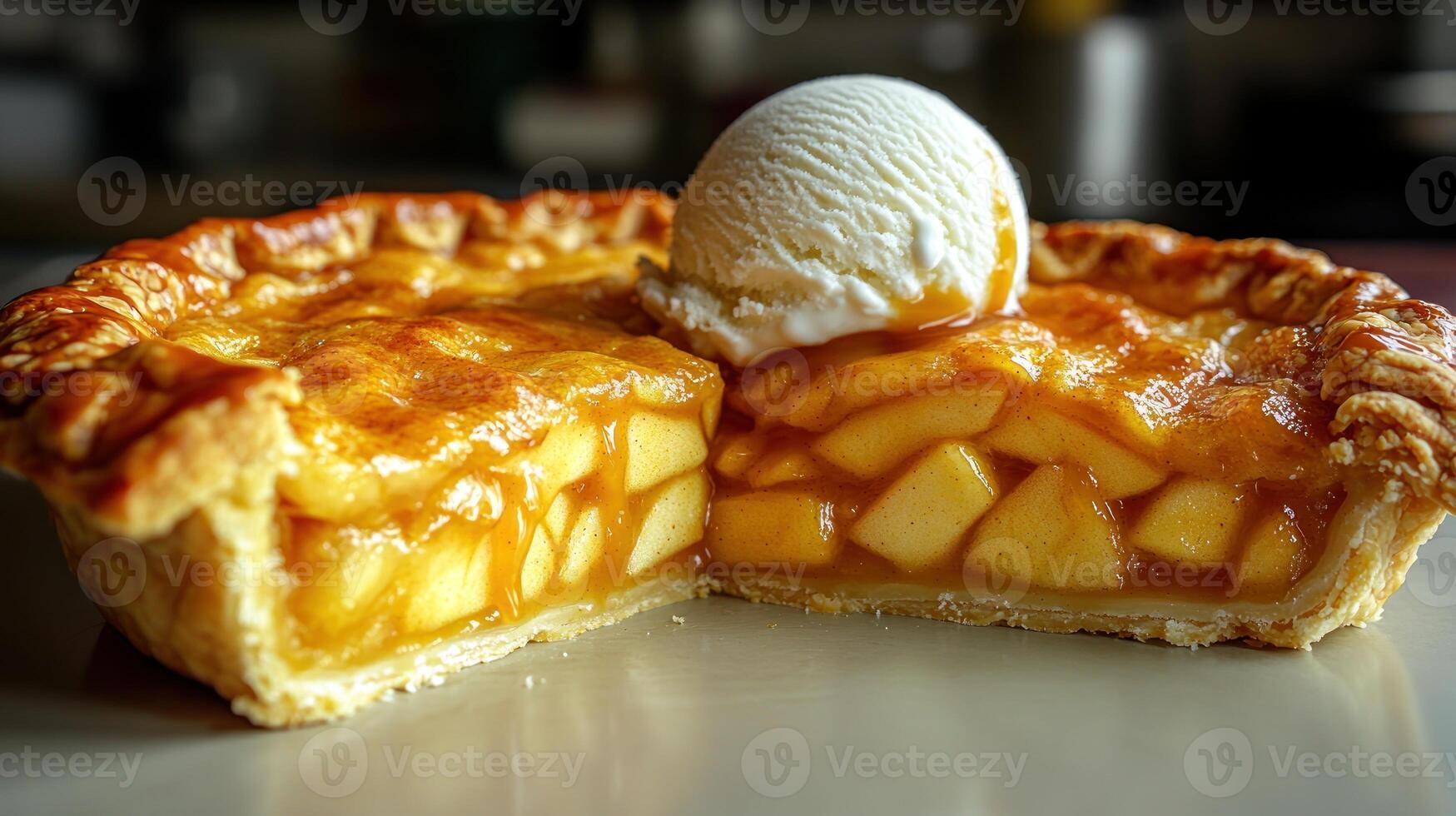Warm apple pie filled with juicy slices, topped with creamy vanilla ice cream photo