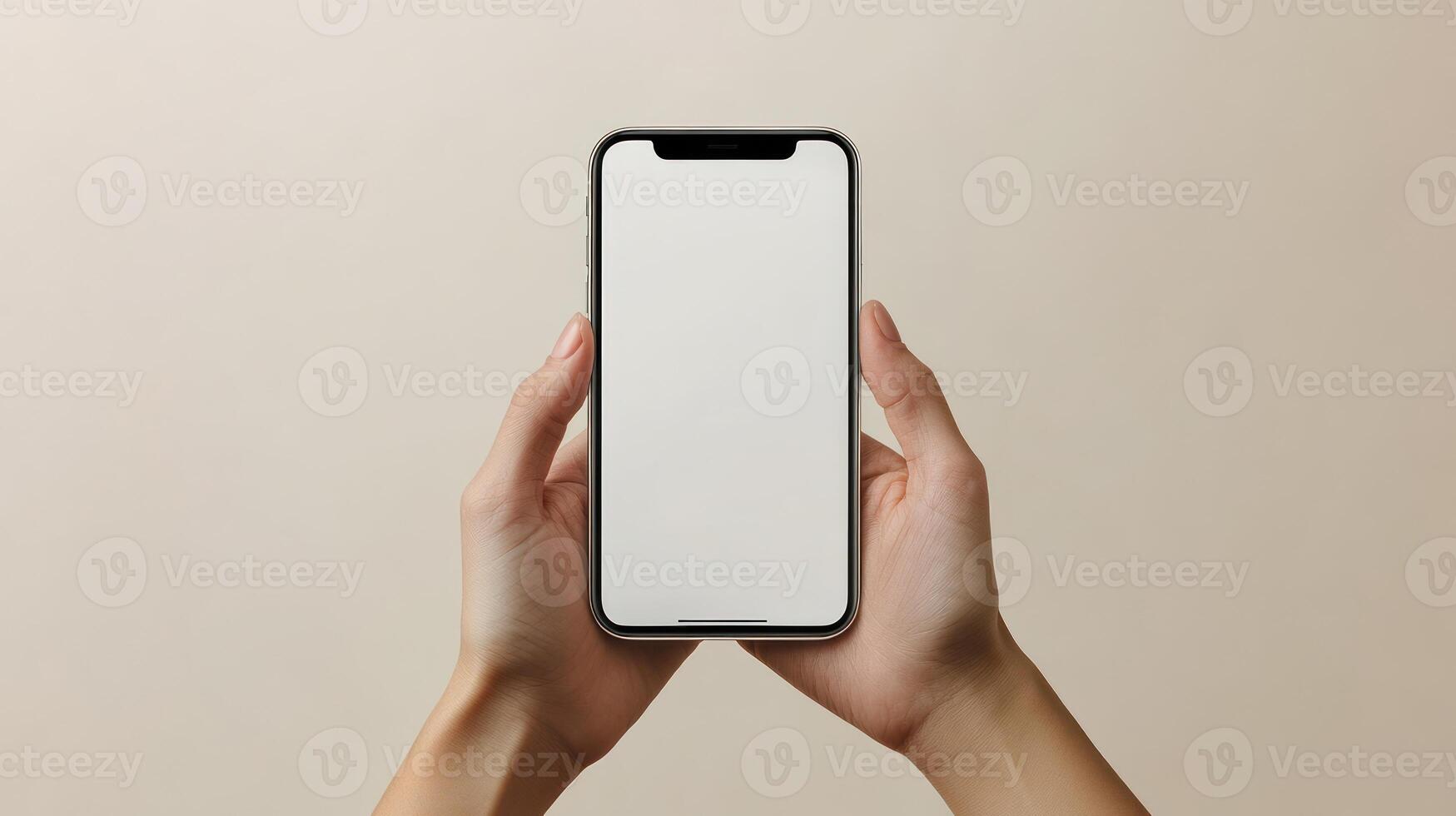 A pair of hands showcase a modern smartphone with a clean, white display photo