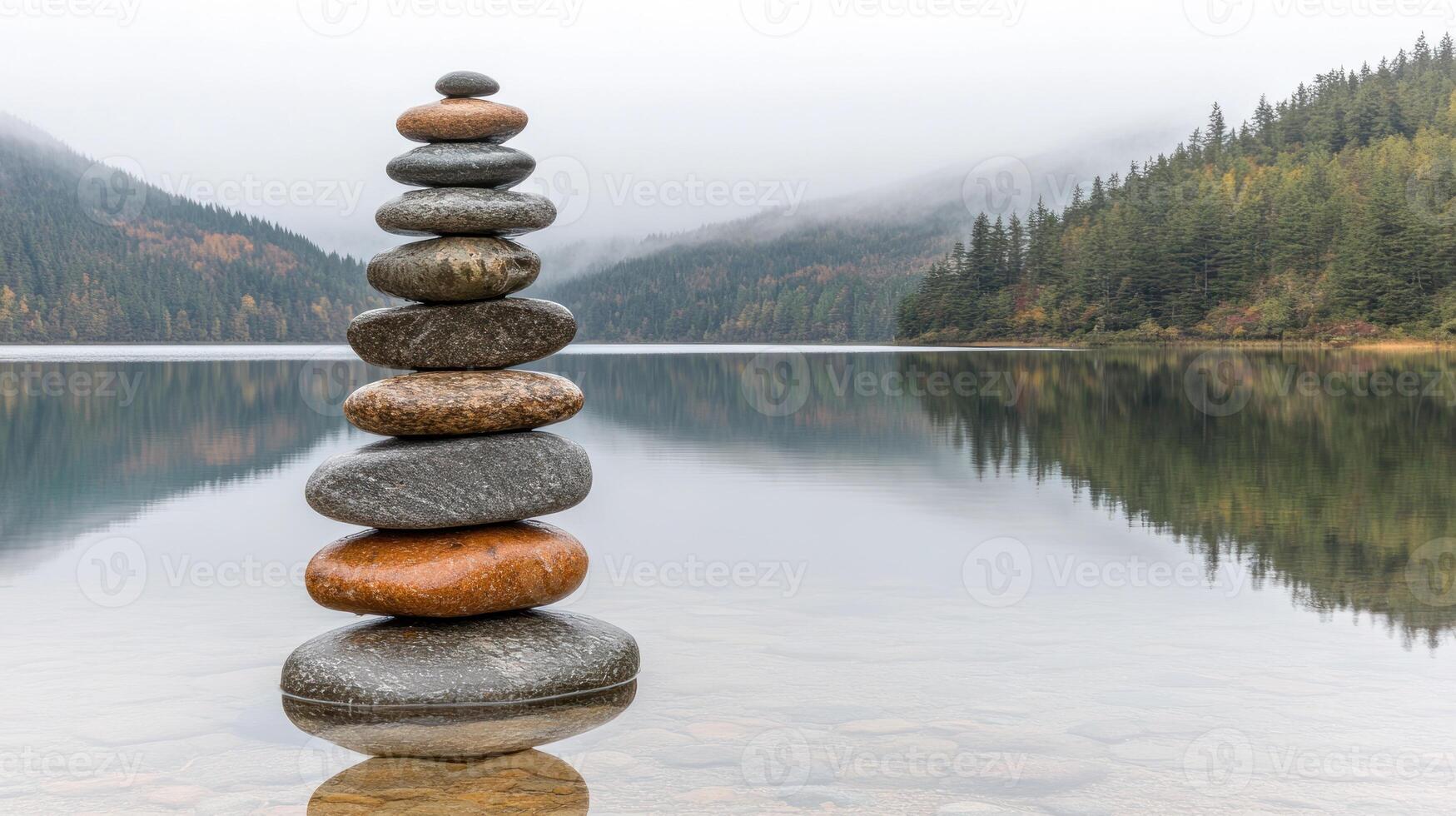 A carefully balanced tower of stones reflects on tranquil waters surrounded by nature photo