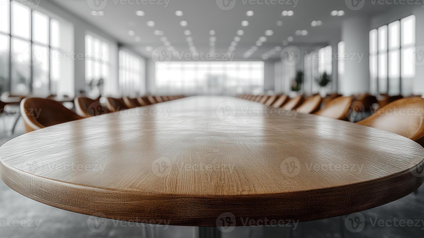An elegant, well-lit conference room with a long wooden table and ample seating photo