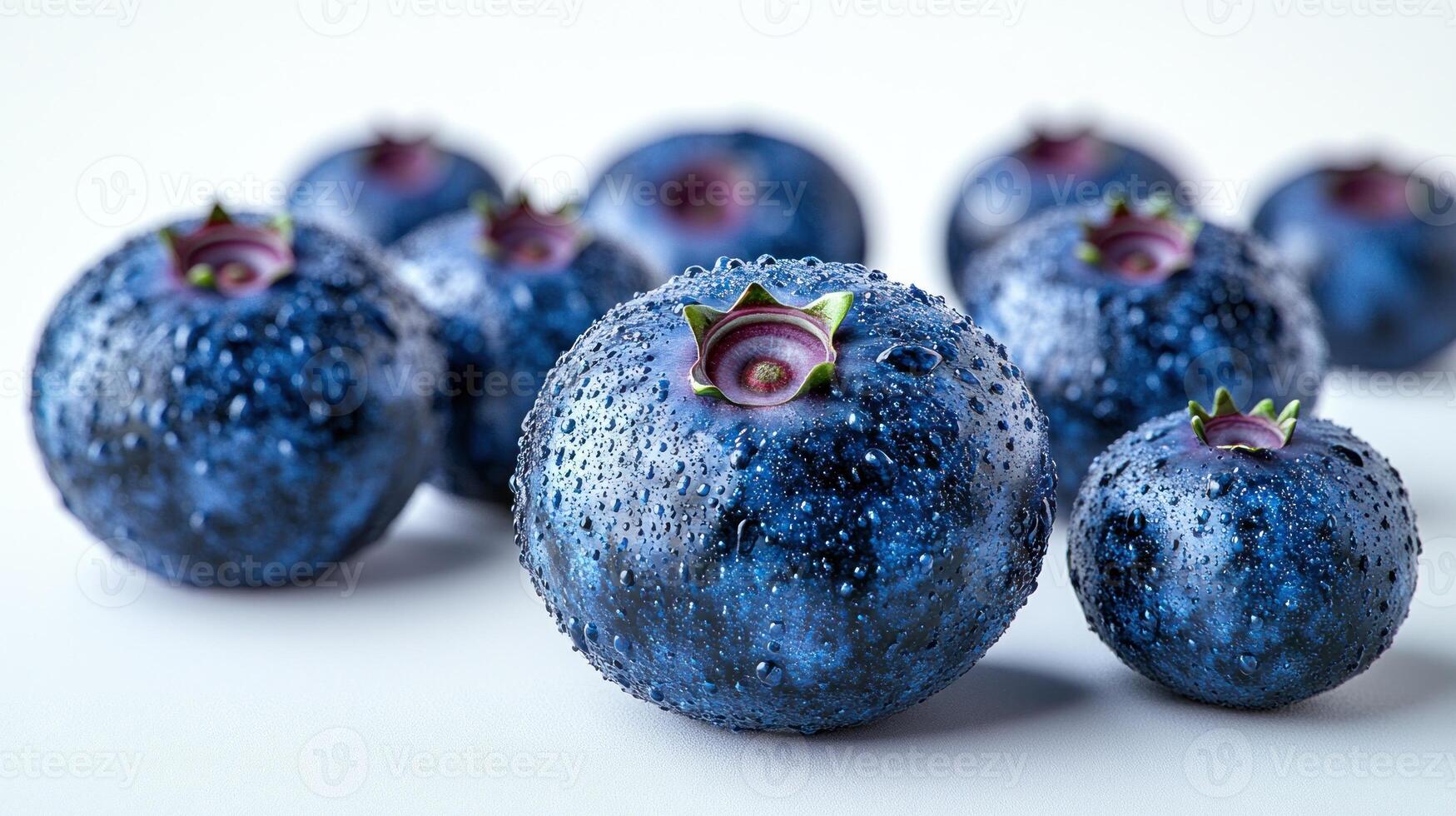 Juicy blueberries rest on a smooth surface, sparkling with fresh water droplets photo