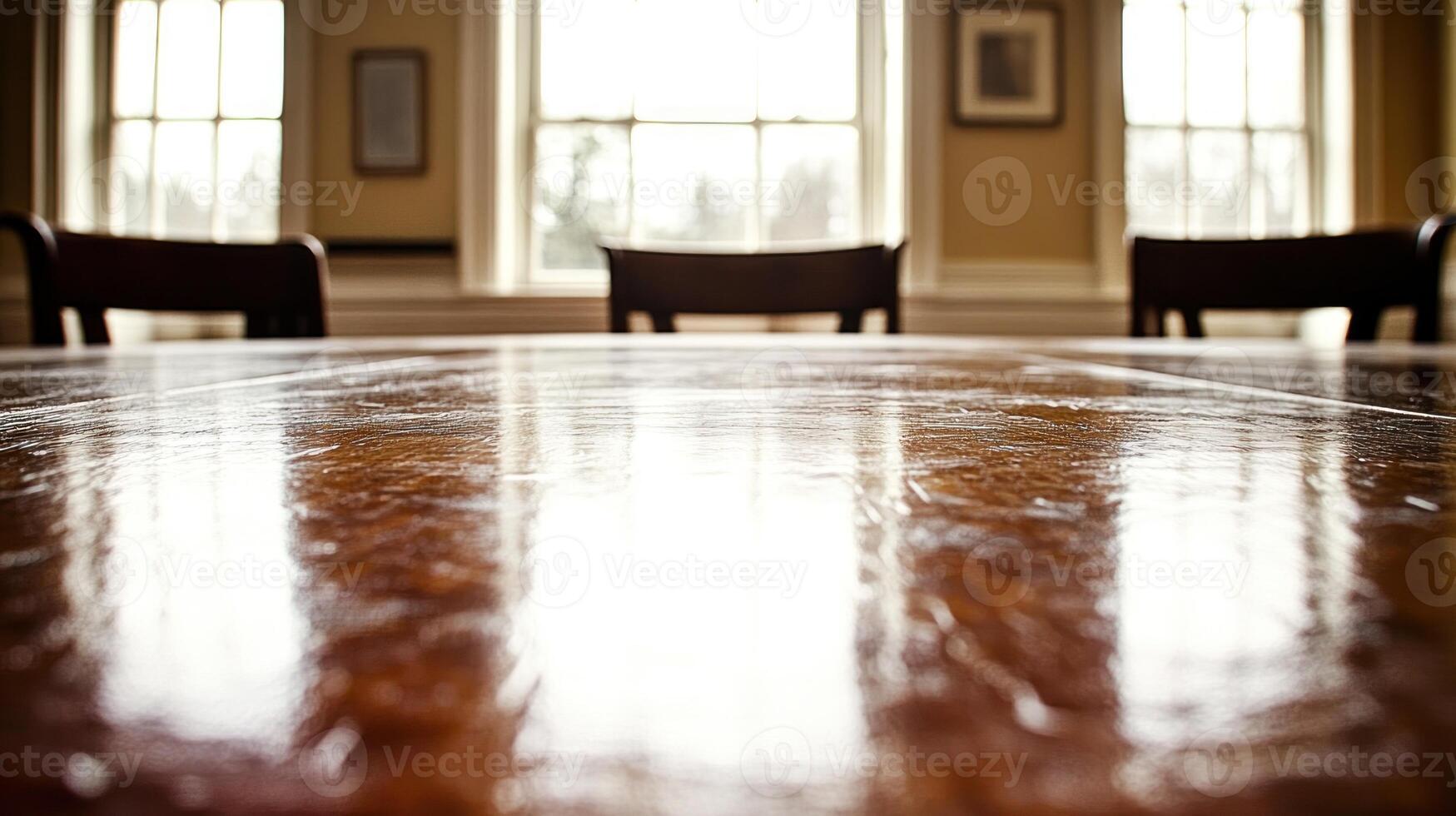 Sunlight streams through windows, illuminating the polished surface of a wooden table photo