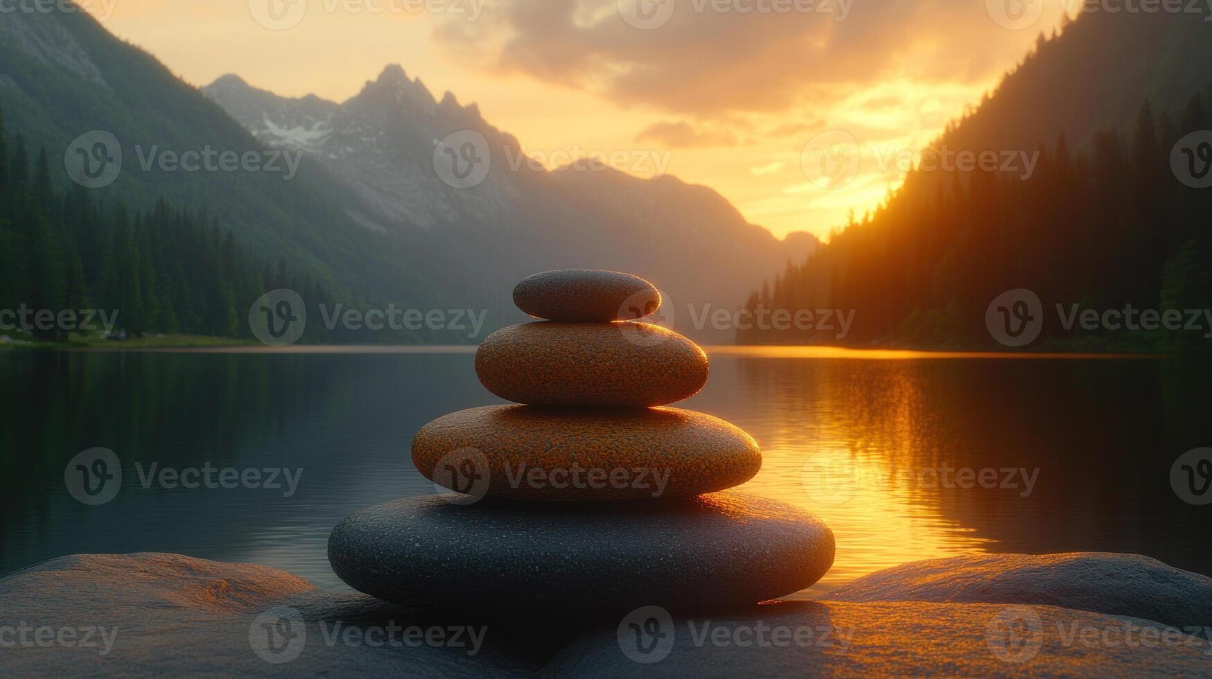 Golden sunlight reflects off the calm lake as stacked stones symbolize peace and balance photo