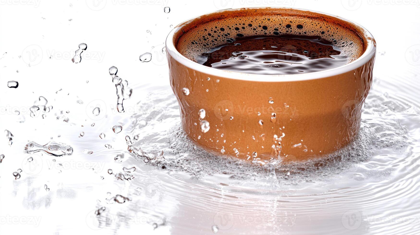 Warm coffee creates mesmerizing splashes in a rustic bowl, reflecting morning tranquility photo