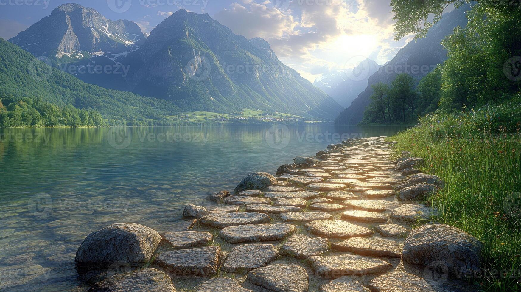Morning light brightens the lake, with stones forming a scenic path through nature photo