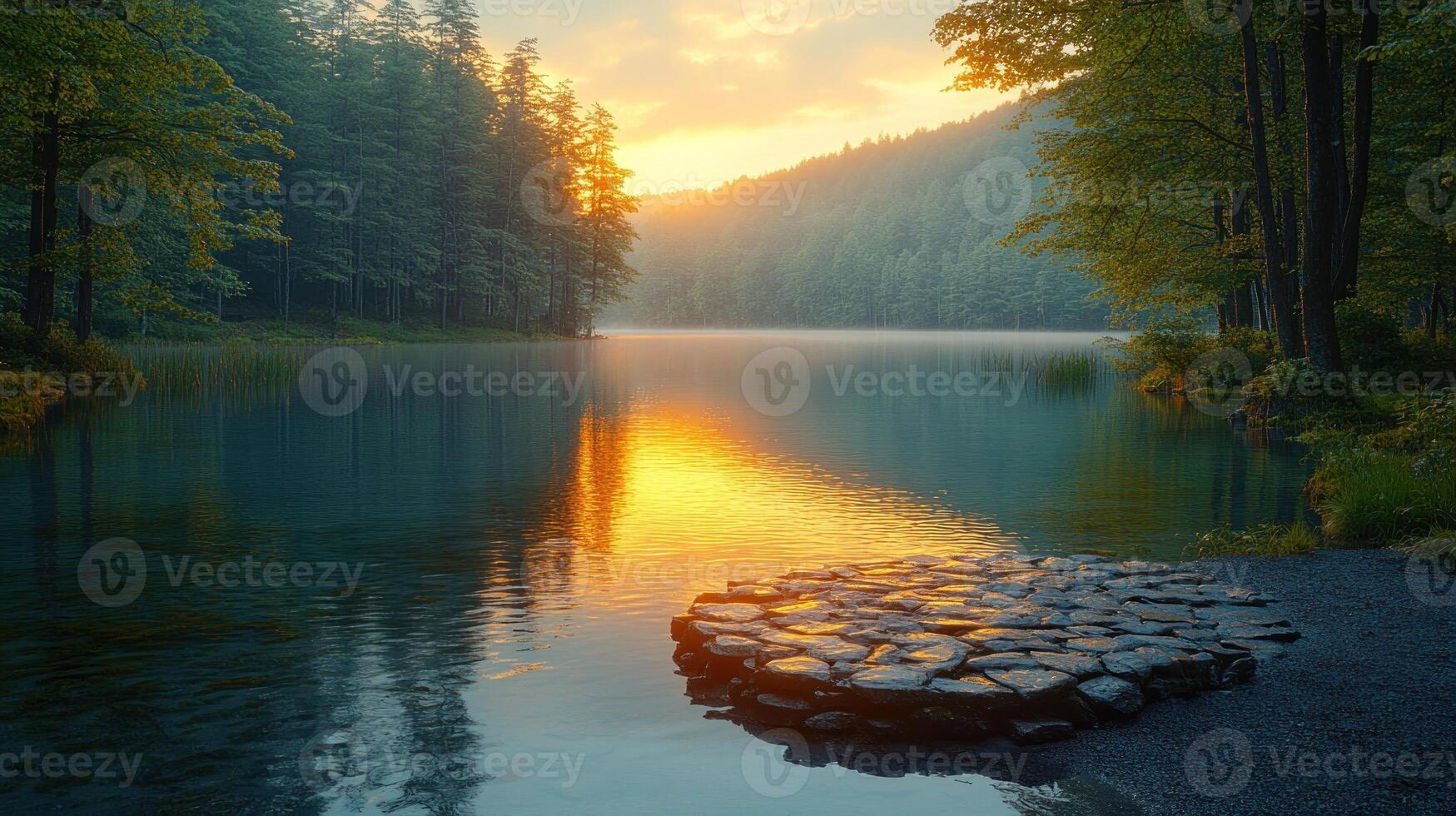 Golden sunlight illuminates a calm lake, creating reflections amid a peaceful forest photo
