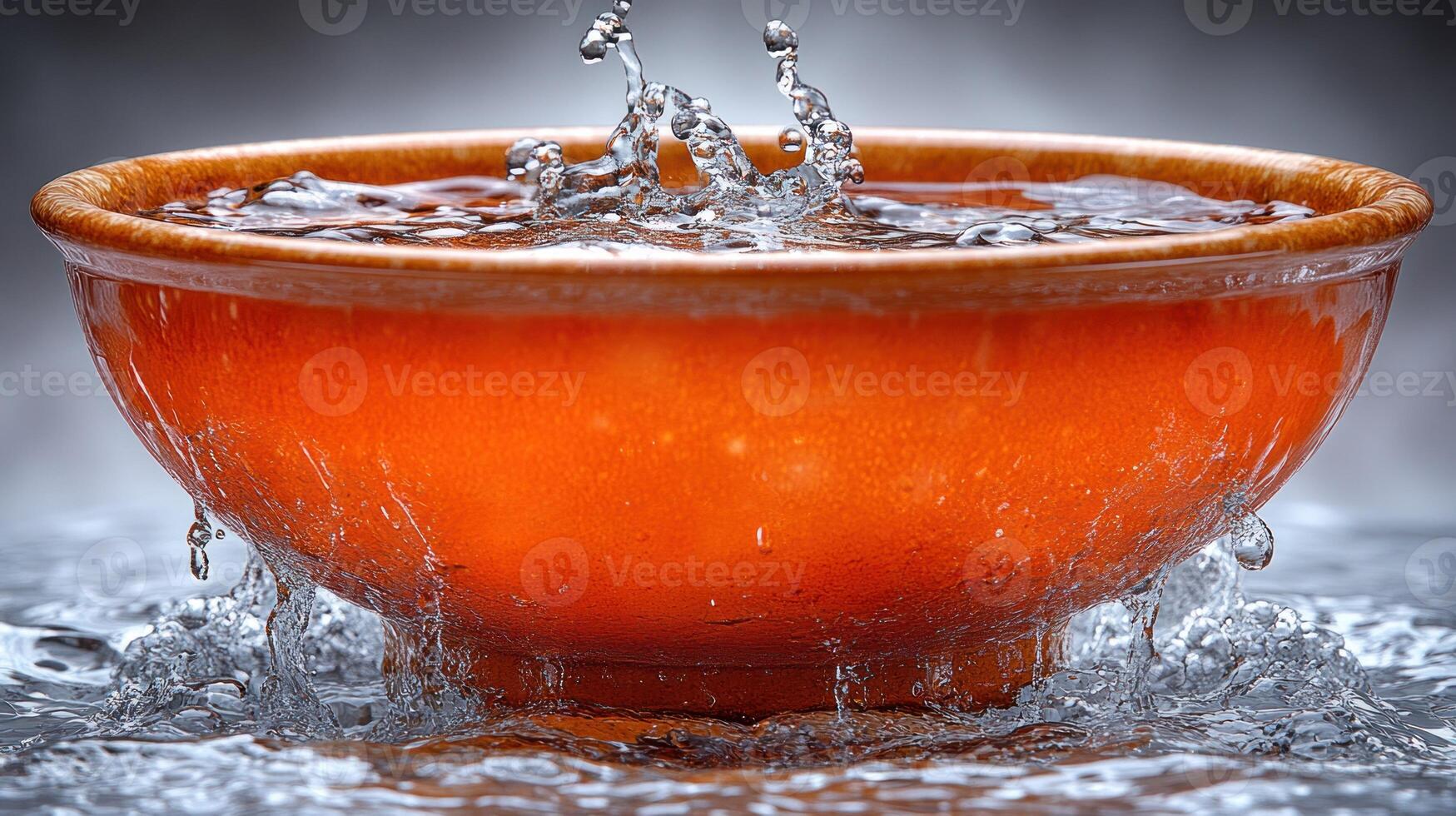Water cascades from an orange bowl, creating lively ripples and splashes all around photo