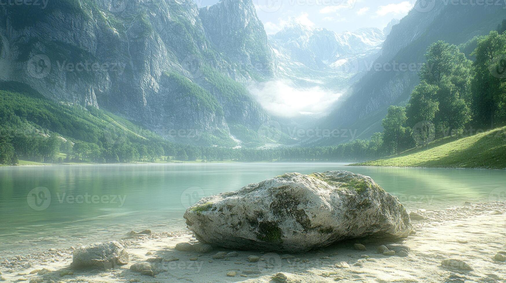 Gentle mist rises over a calm lake surrounded by towering mountains and lush greenery photo