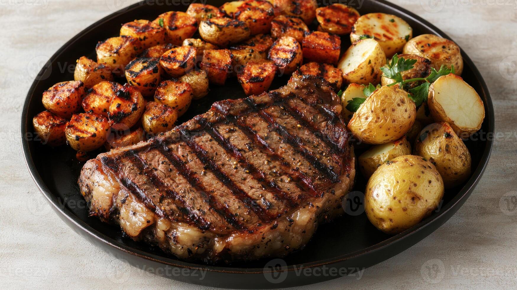 Savor the delicious combination of grilled steak with roasted veggies and potatoes photo