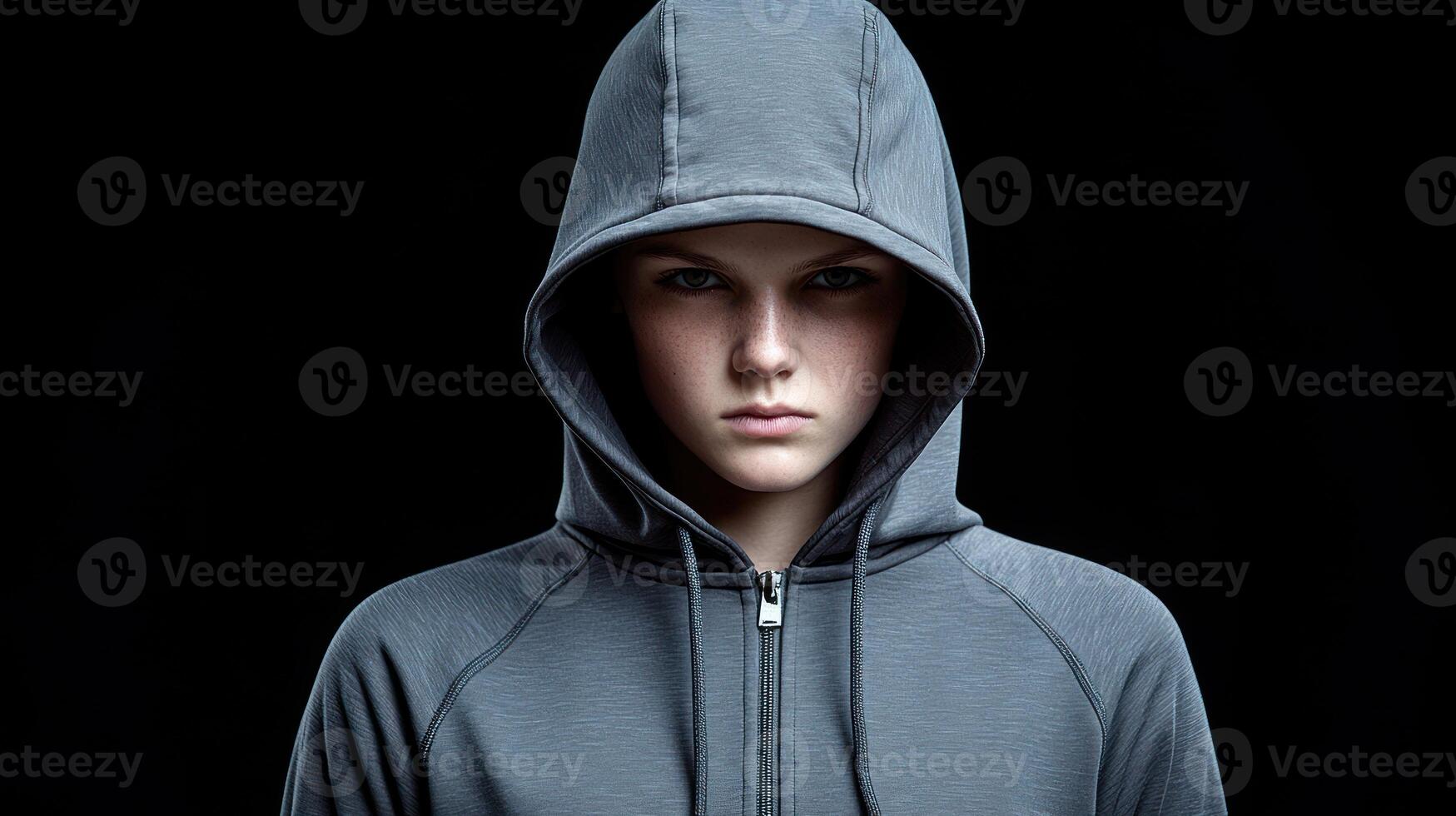 A young person with a serious expression wears a gray hoodie, immersed in thought photo