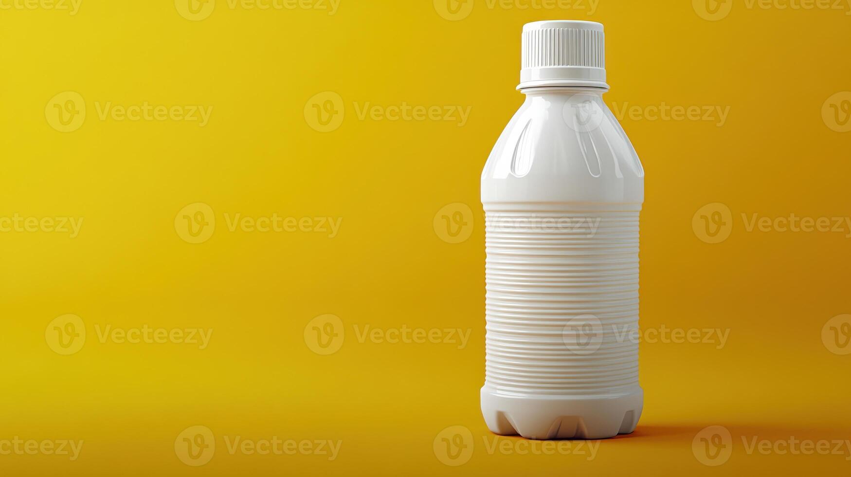A minimalist white bottle rests on a bright yellow surface, showcasing its unique texture photo