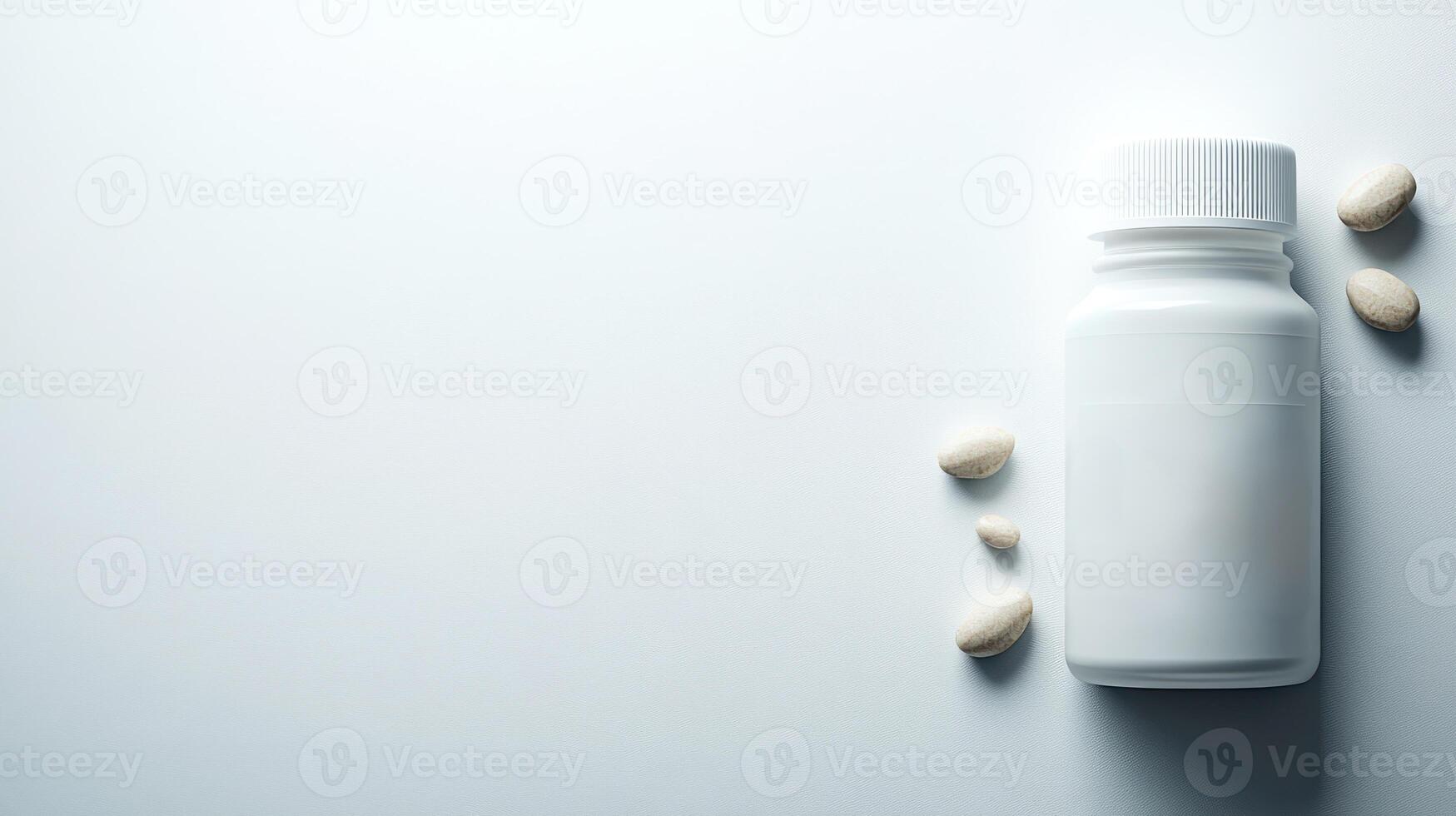 A simple arrangement featuring a white pill bottle and several loose tablets nearby photo