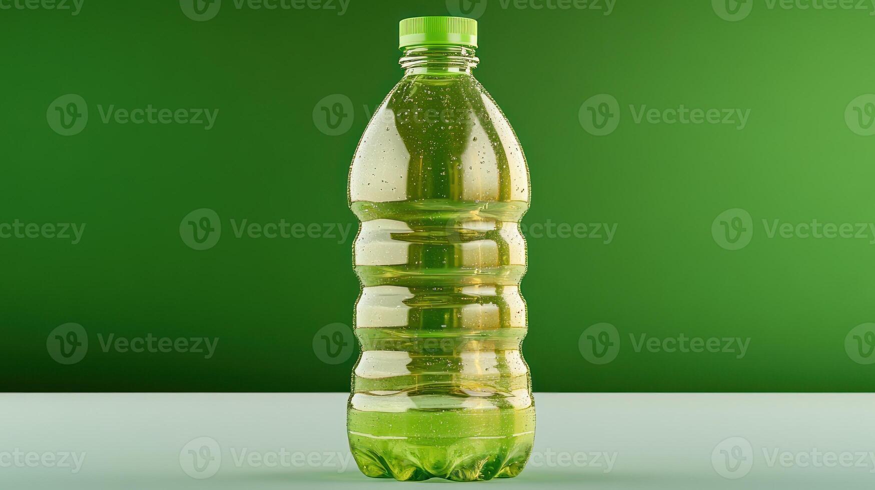 A sparkling green drink in a clear bottle sits on a smooth surface photo