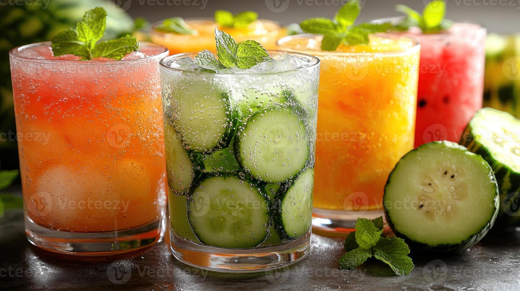 Colorful beverages sit on a table, garnished with mint and slices of cucumber photo