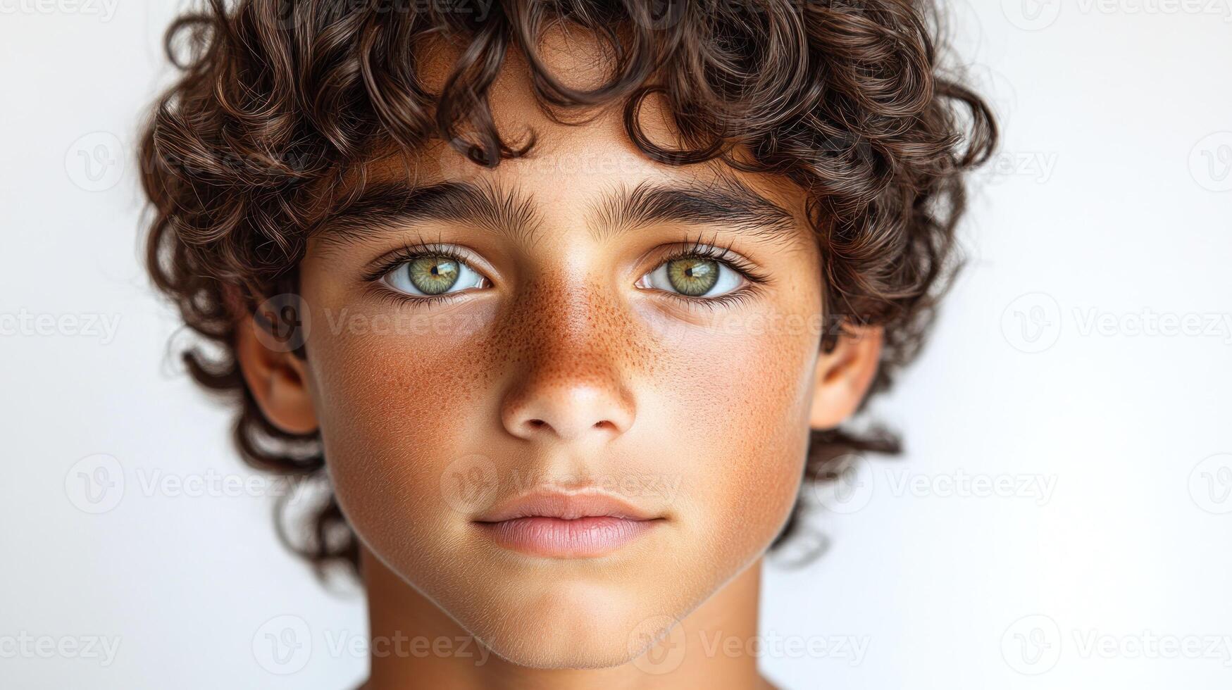 A young boy gazes intently, showcasing his curly hair and bright green eyes photo