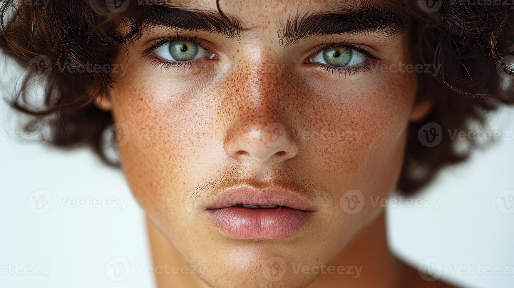 Young man with curly hair and green eyes gazes confidently at the viewer photo