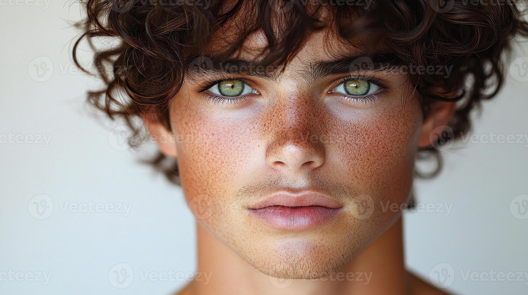 A young man with striking green eyes gazes emotively at the viewer photo