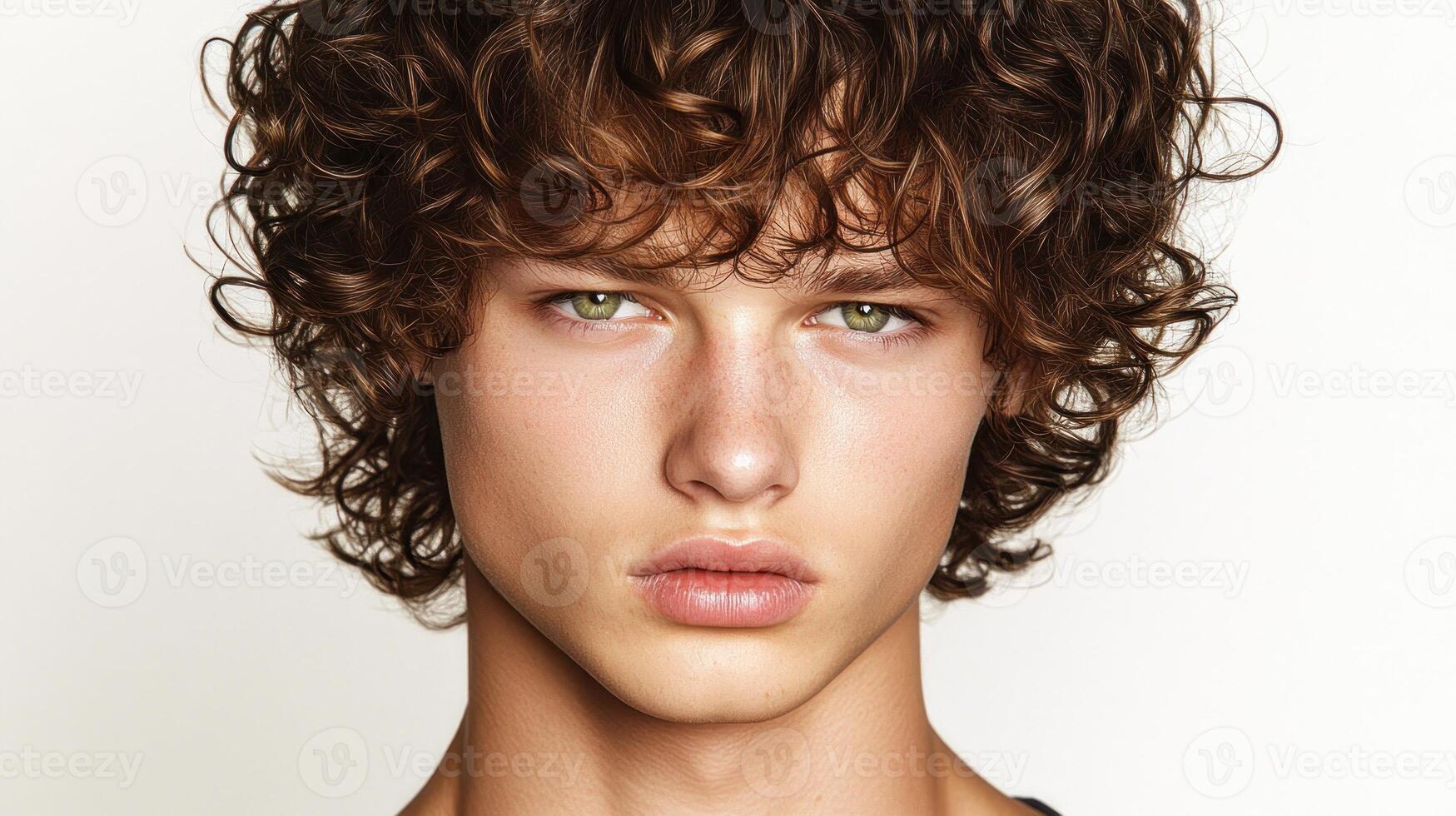 A young man with curly hair and vibrant green eyes captivates with a serene expression photo