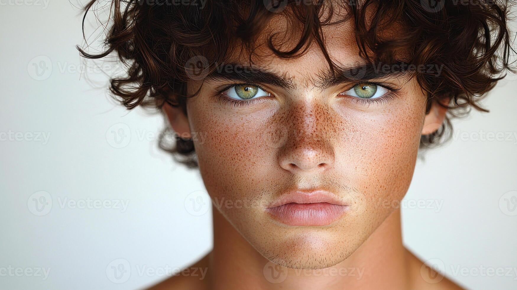 His intense green eyes and curly hair tell a story of youthful curiosity and depth photo