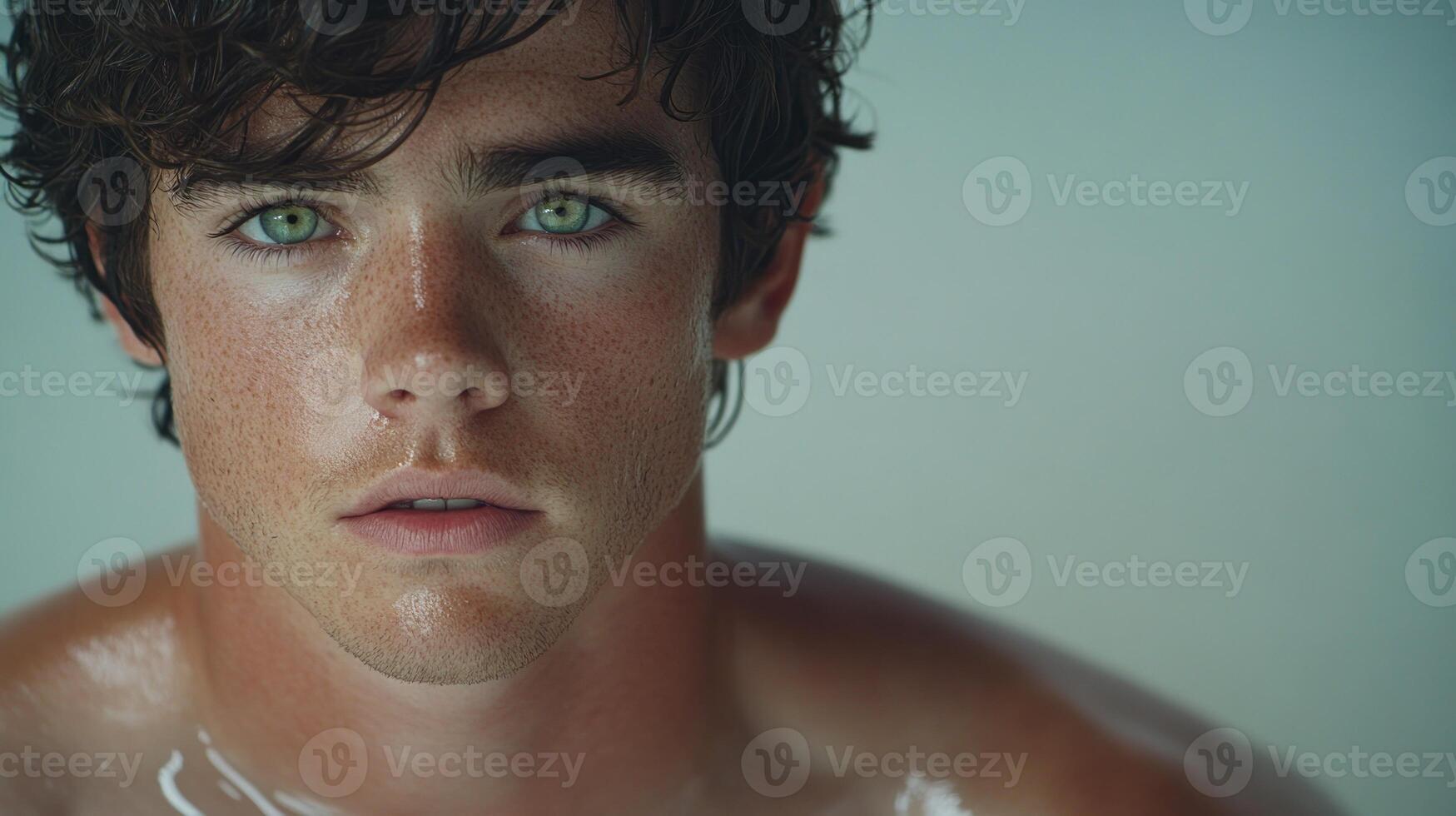 A young man gazes intently with glistening skin, showcasing his piercing green eyes photo