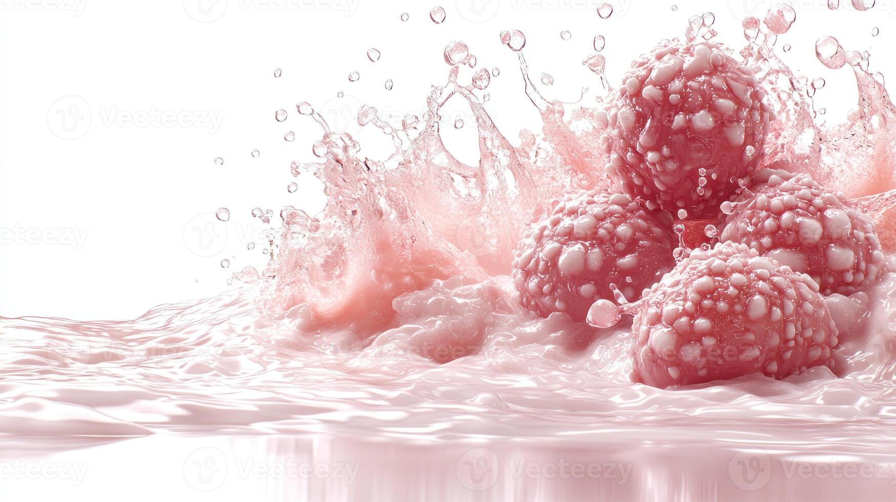 Ripe raspberries burst in pink liquid, creating a lively, refreshing splash photo