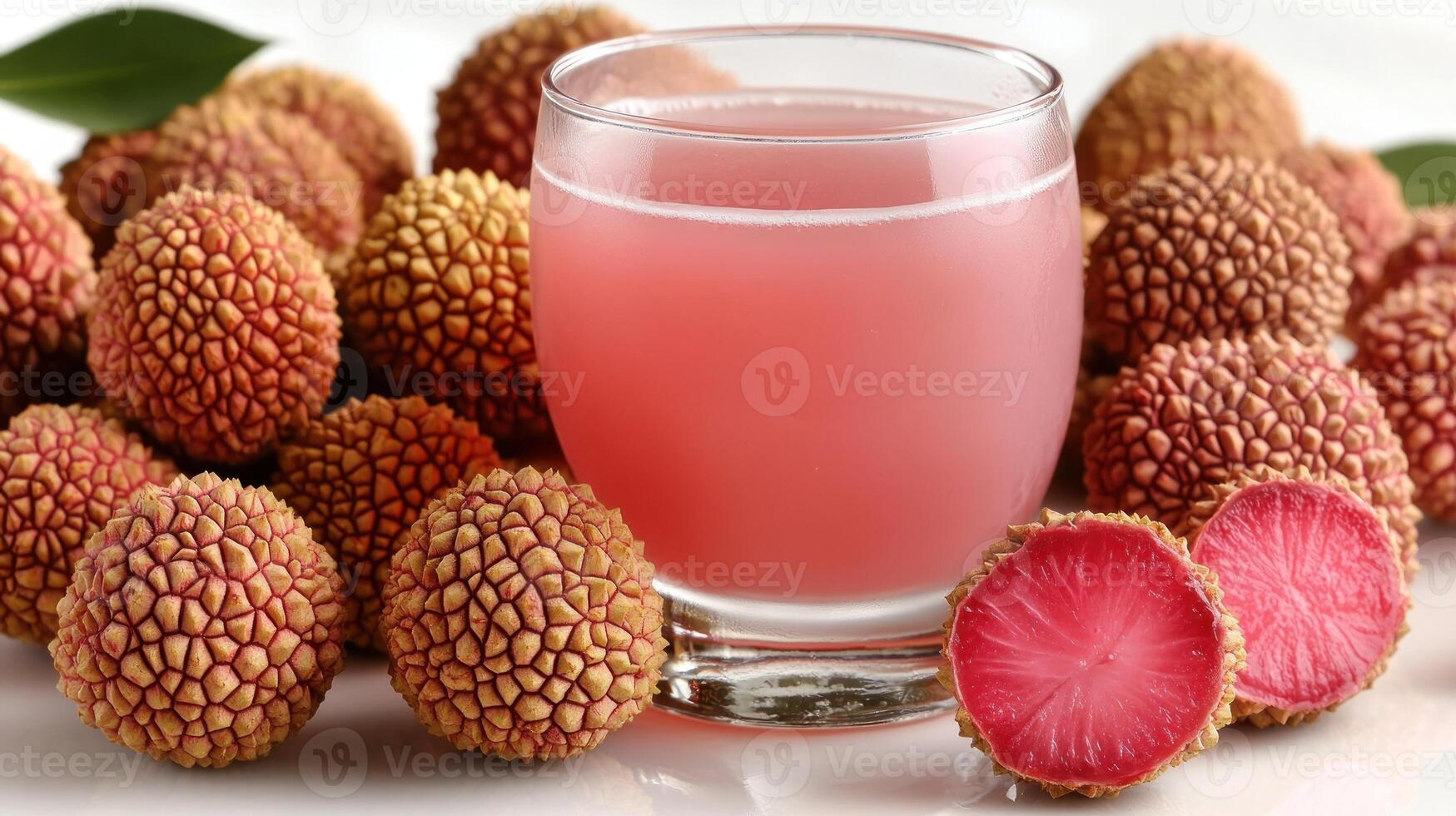 A glass of pink lychee juice rests among fresh lychee fruit, showcasing their colors photo