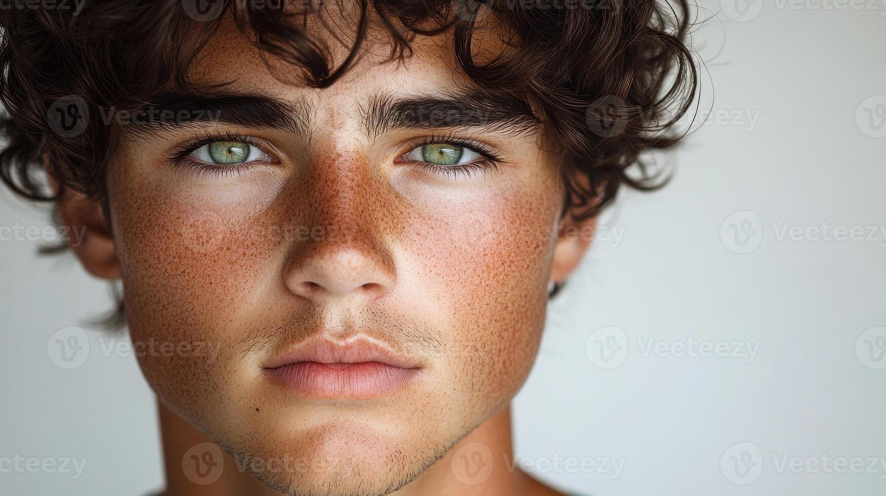 A young man with curly hair gazes intently, showcasing his captivating green eyes photo