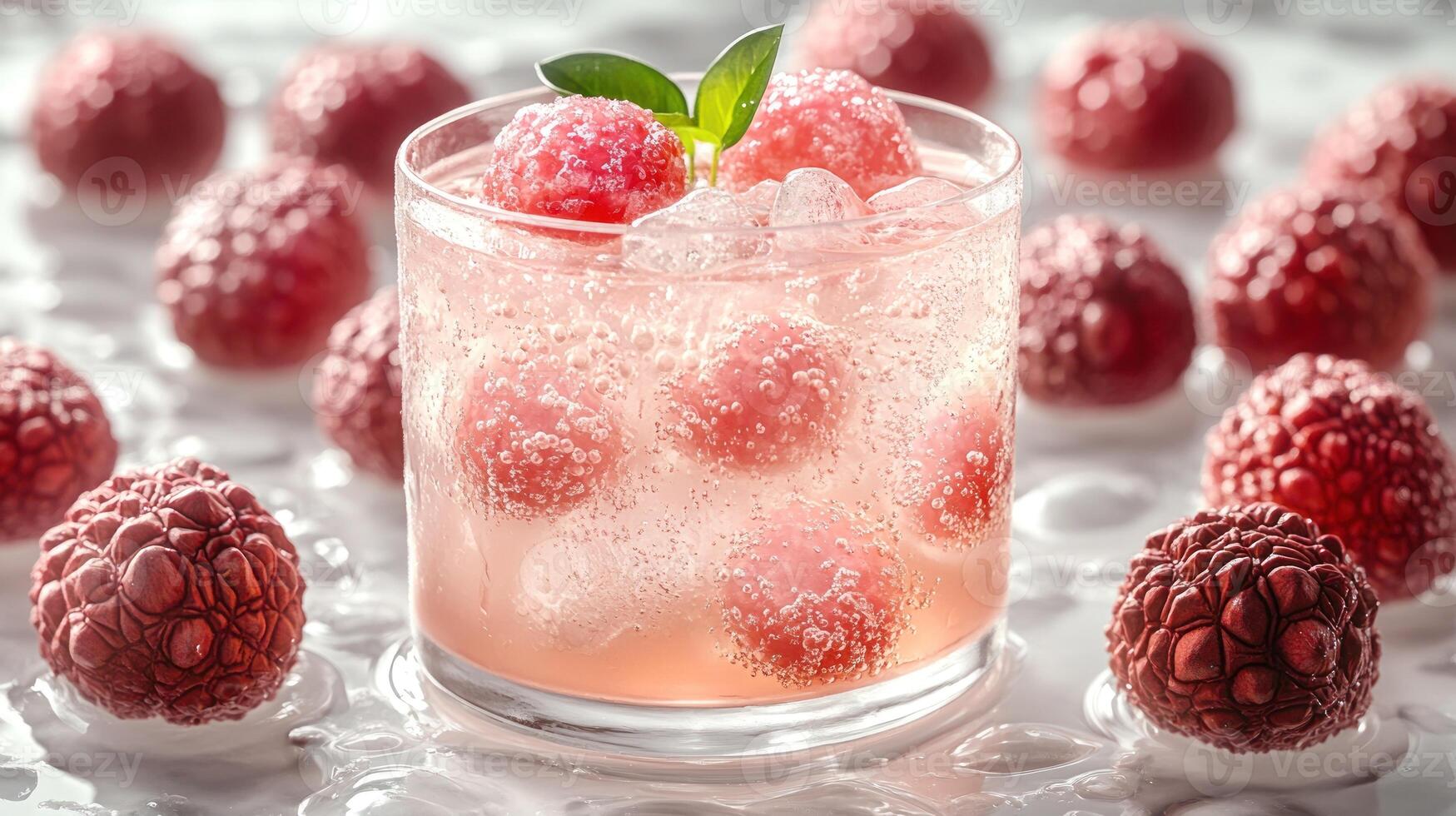 A vibrant raspberry cocktail sits amidst fresh raspberries, ice gleaming in sunlight photo