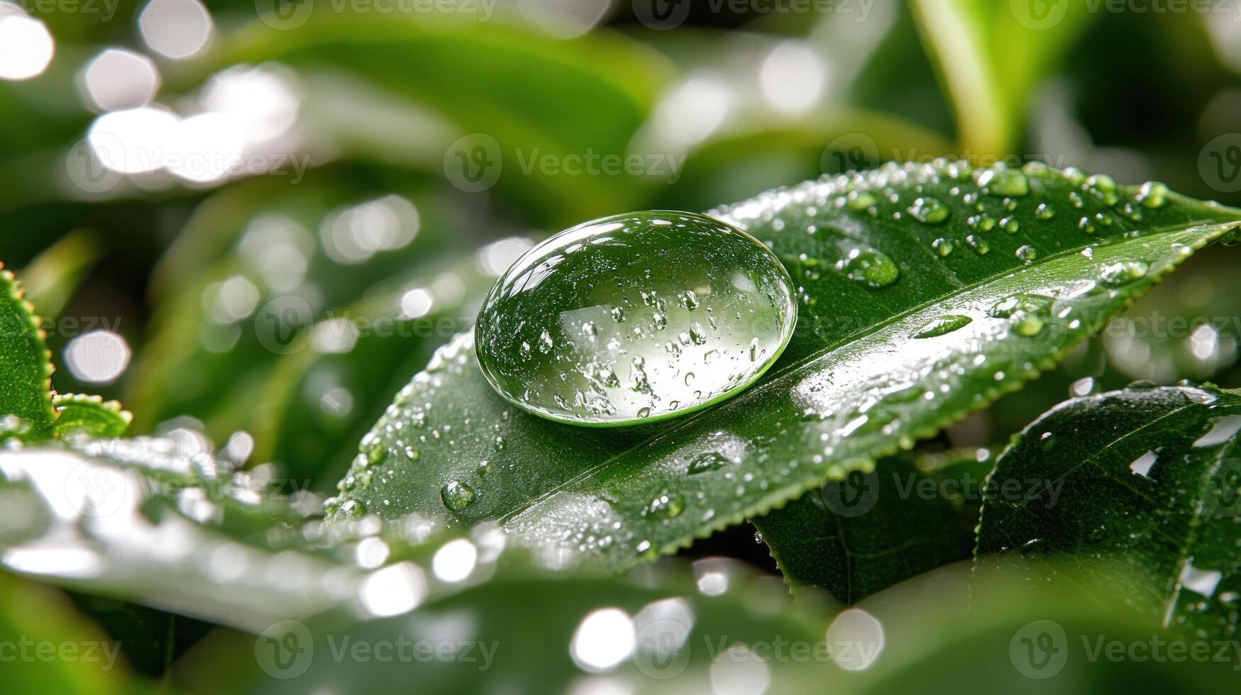 Water clings to a leaf, sparkling softly in gentle sunlight, showcasing nature's beauty photo