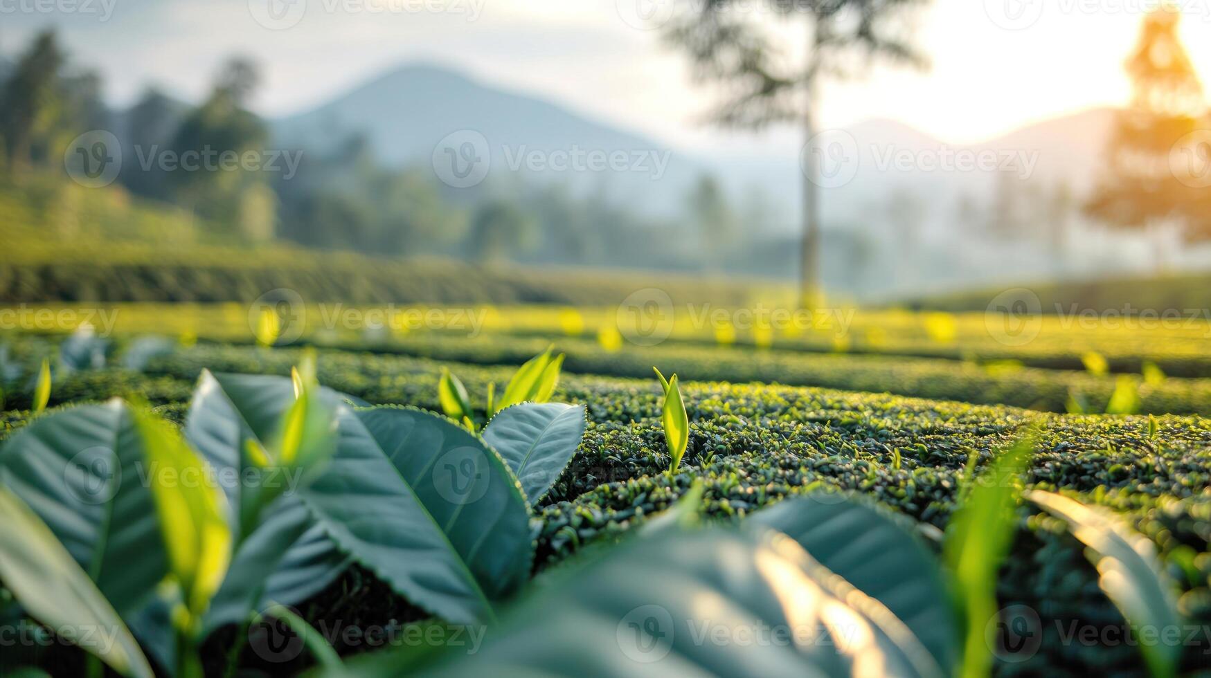 Sunrise illuminates fresh tea leaves, creating a serene moment in nature's embrace photo