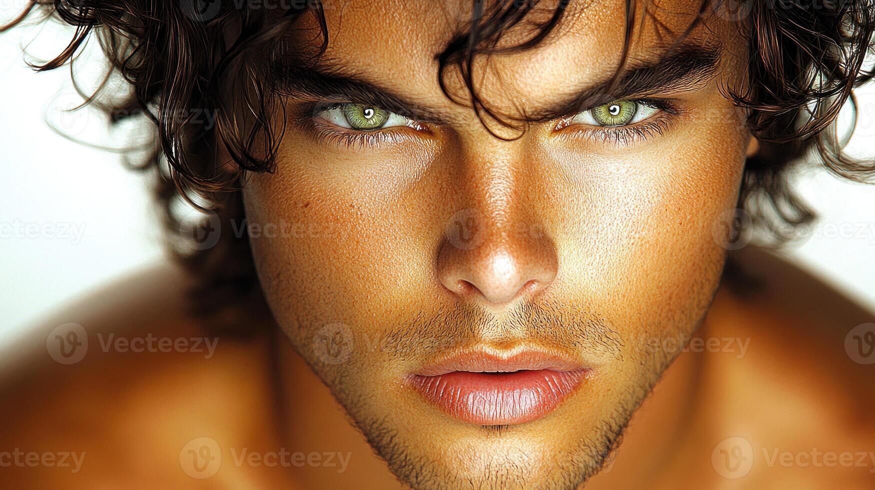 A young man gazes intensely at the camera, showcasing his captivating features and allure photo